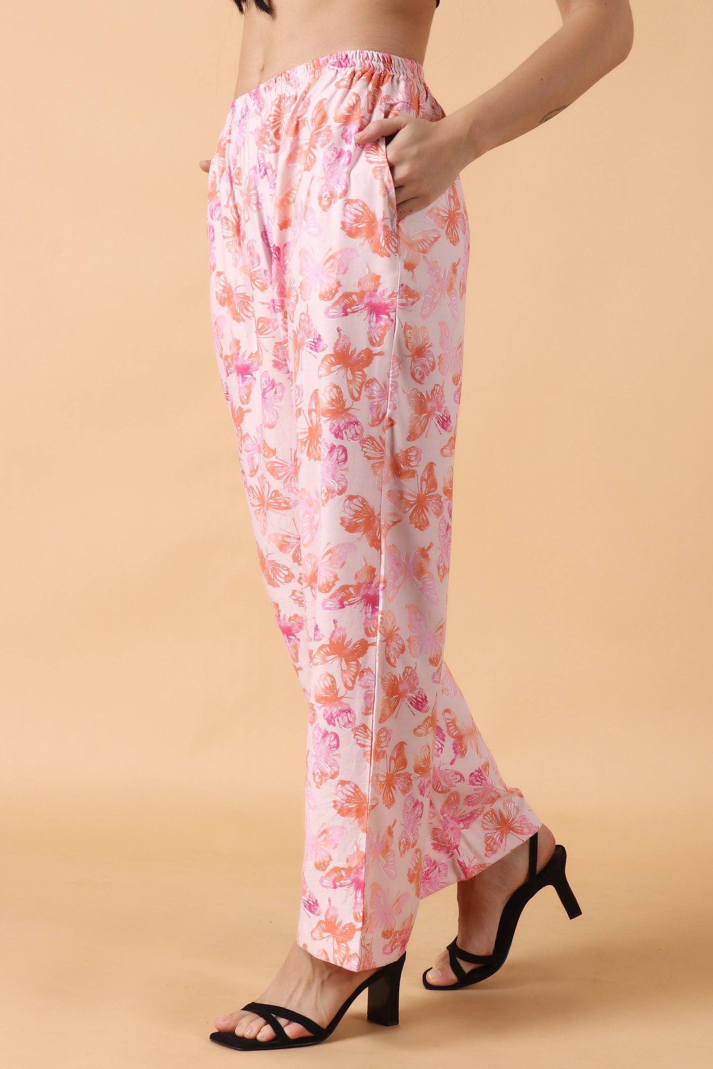 Women Plus Size Coral Pink Butterfly palazzo pants for women | Apella