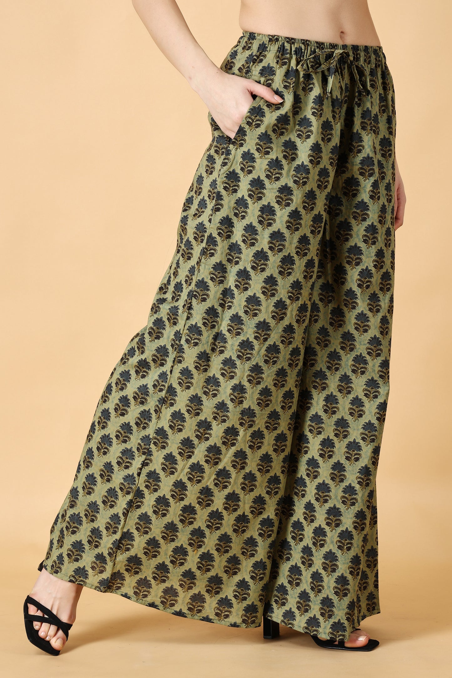 Women's Plus Size Dark Green Cotton Kalidar palazzo pants for women | Apella