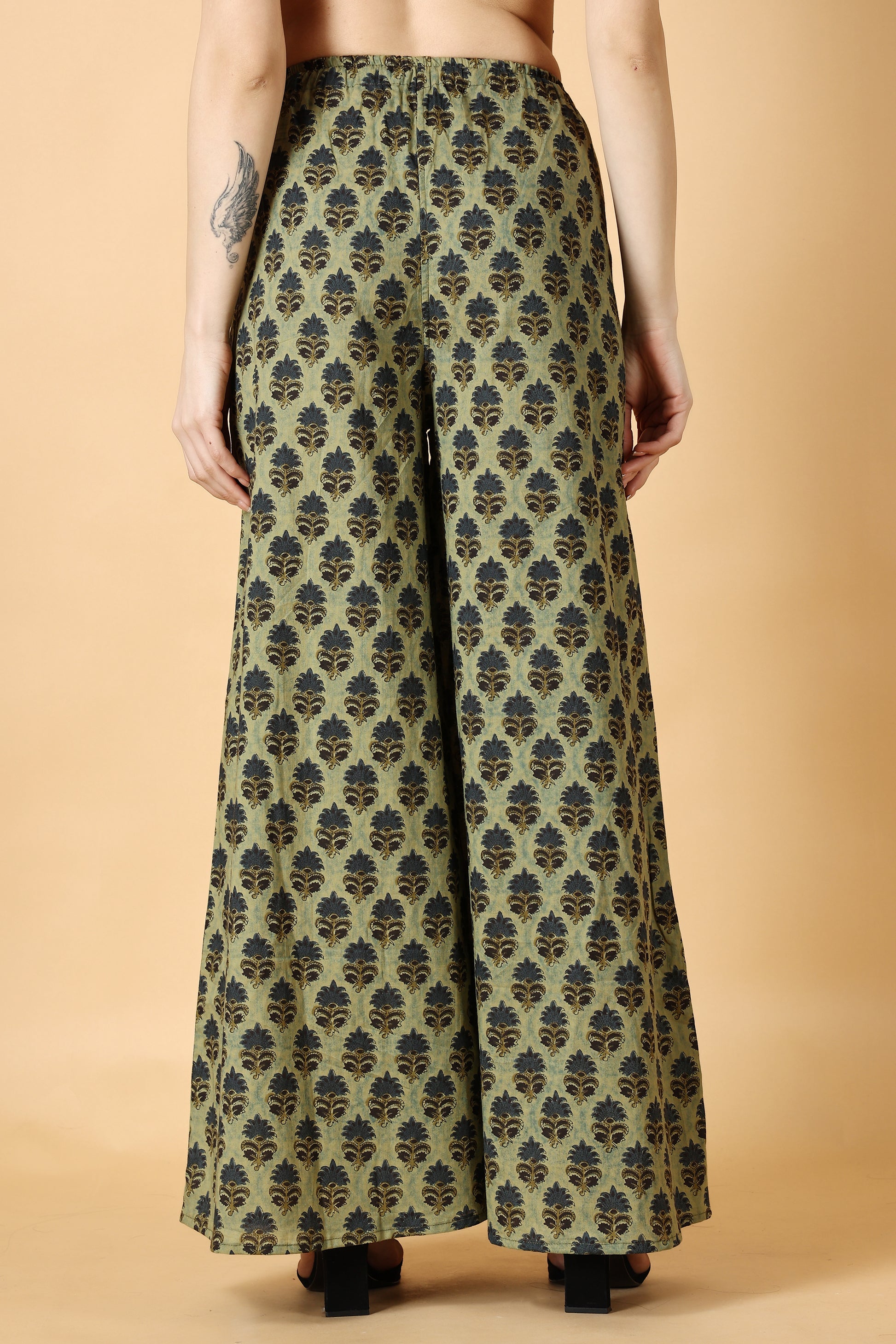 Women's Plus Size Dark Green Cotton Kalidar palazzo pants for women | Apella