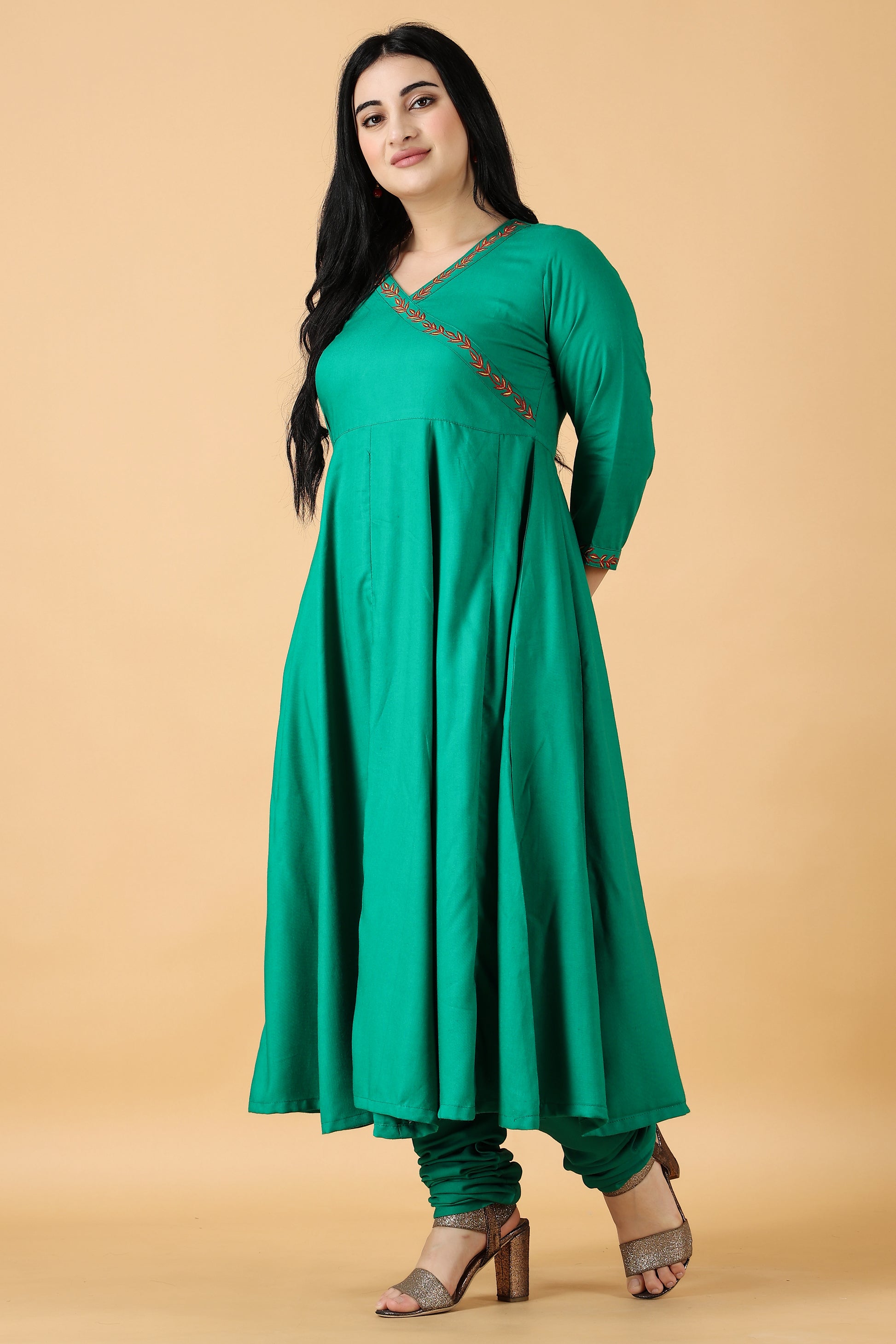 Women Plus Size Green Rayon Kurti palazzo Anarkali Set with Dupatta | Apella
