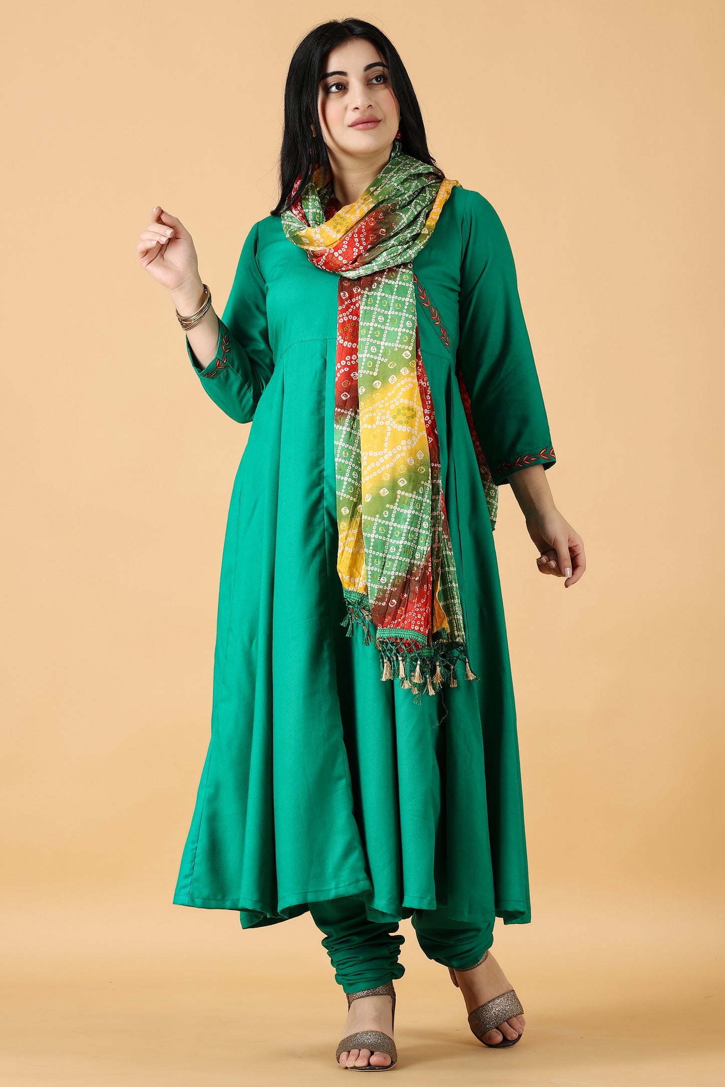 Women Plus Size Green Rayon Kurti palazzo Anarkali Set with Dupatta | Apella