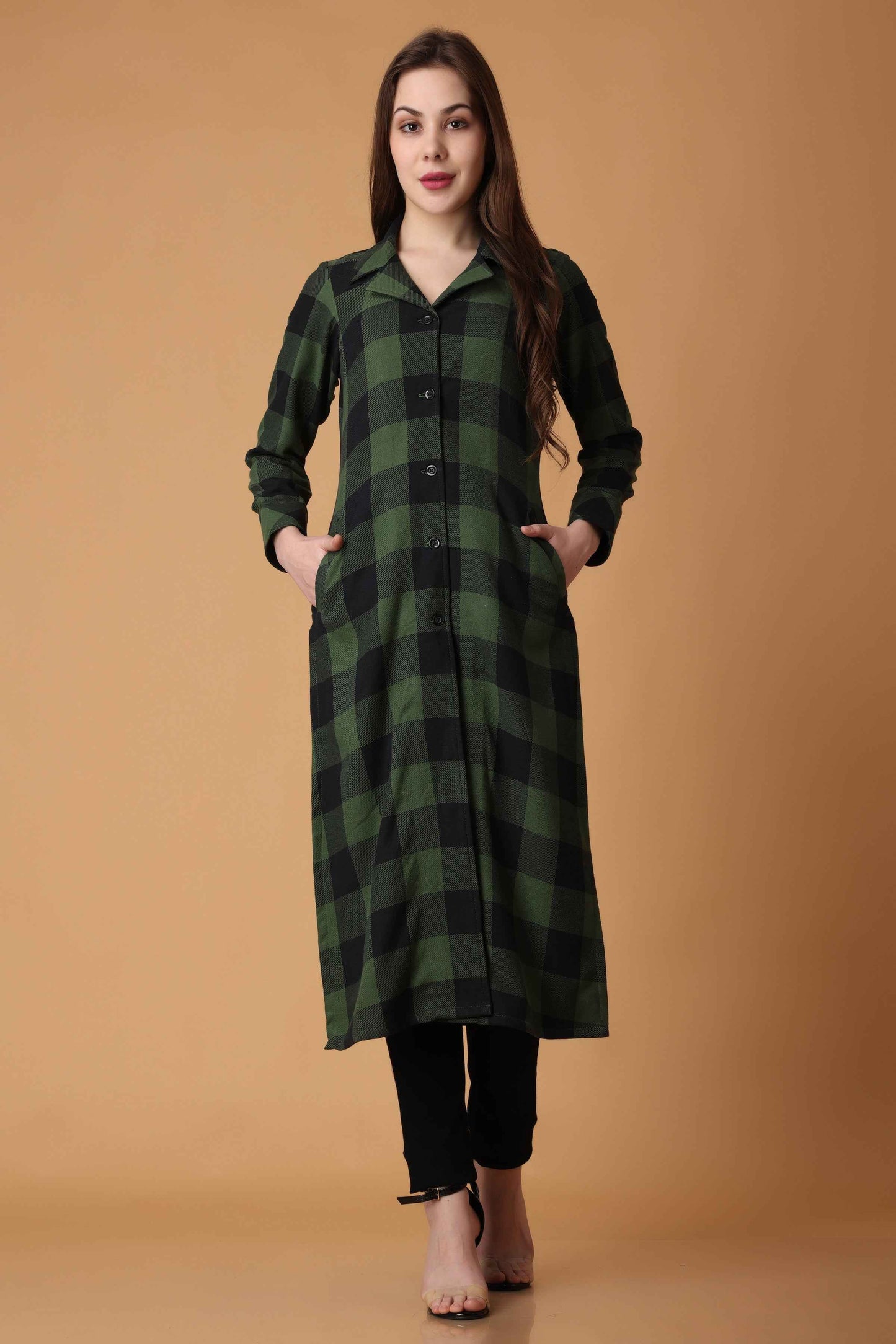 Buy Plus Size ​Green Checked Woollen Kurta At Apella | Sizes XS to 10 XL | India | Free Delivery | Customized