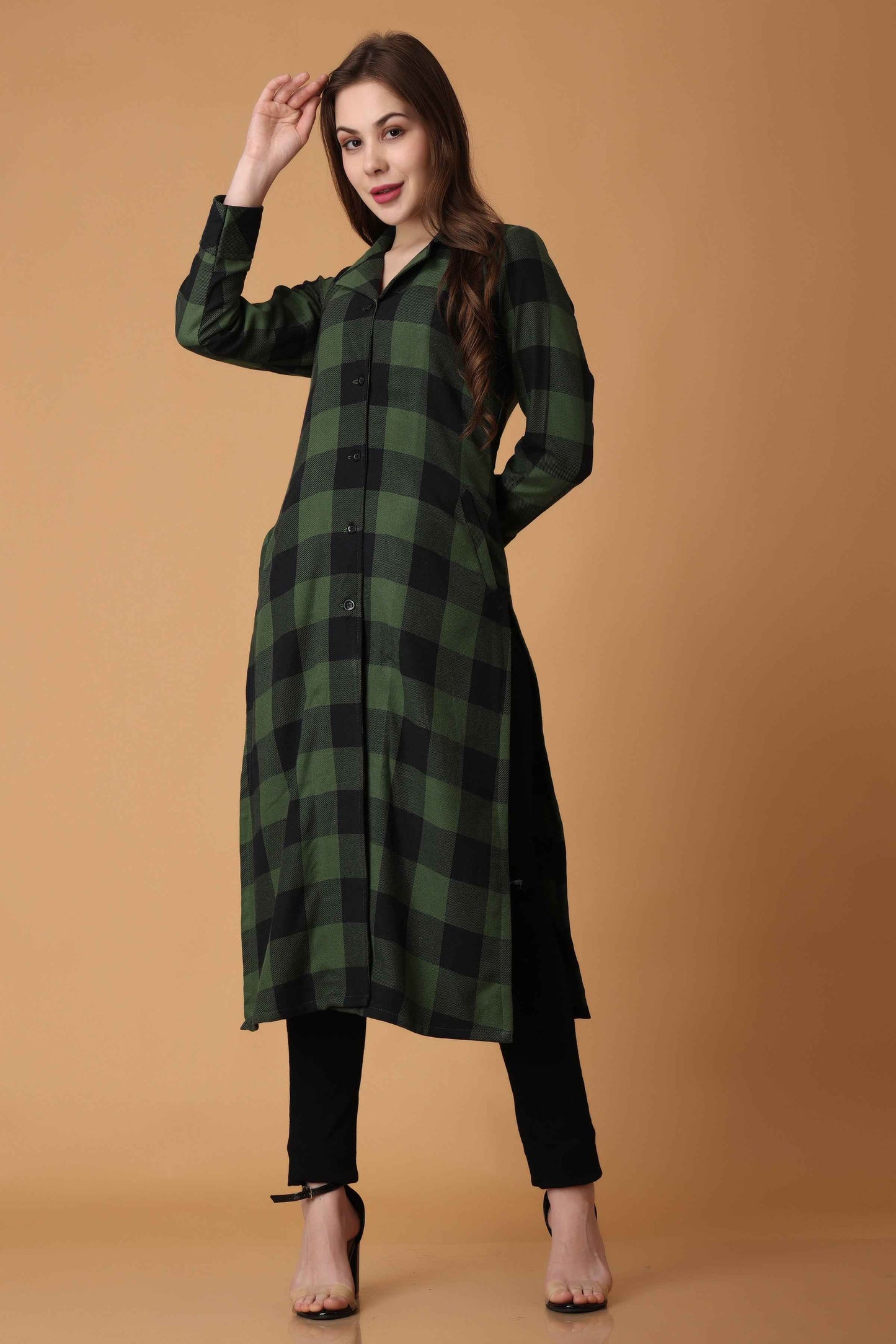 Buy Plus Size ​Green Checked Woollen Kurta At Apella | Sizes XS to 10 XL | India | Free Delivery | Customized