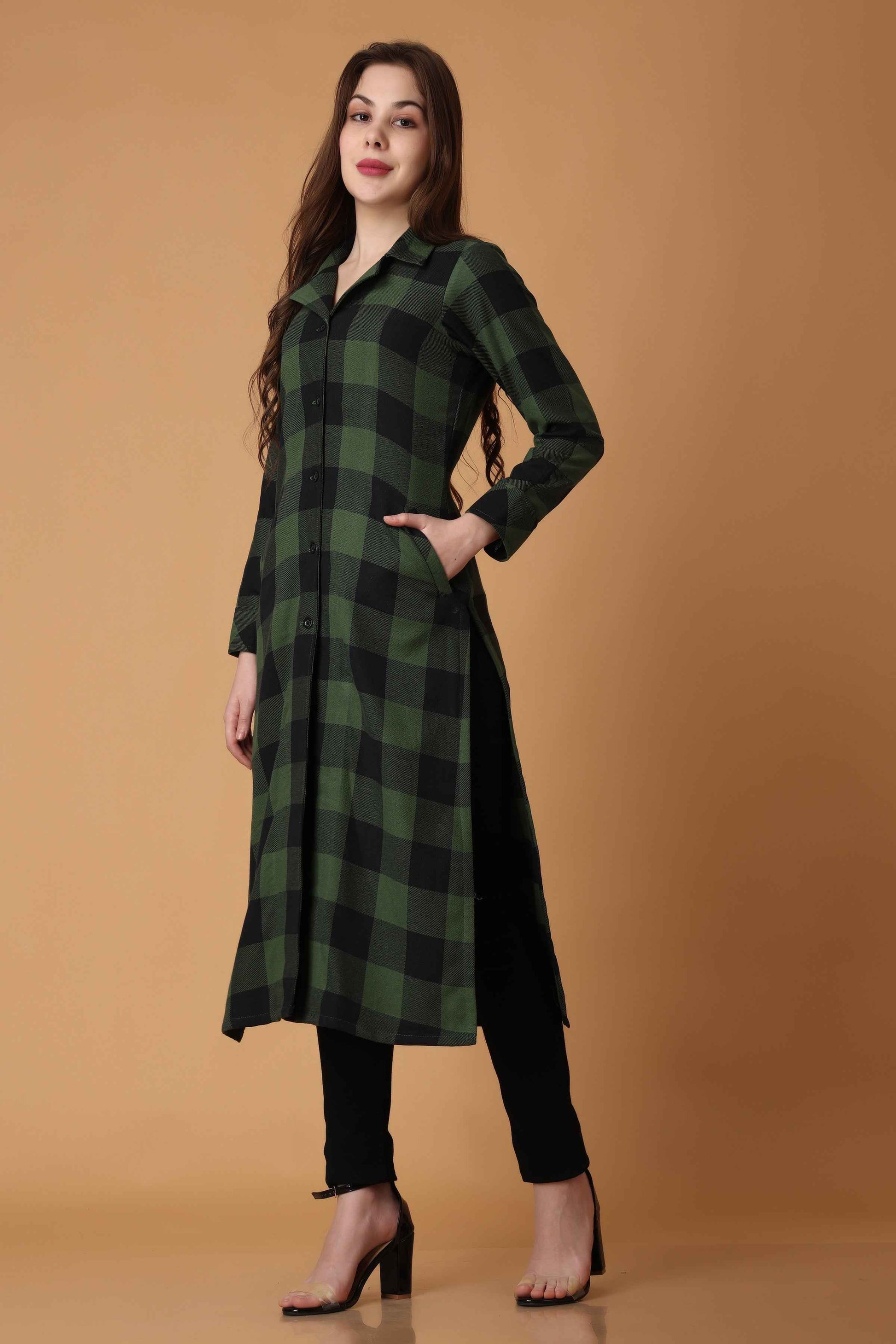 Buy Plus Size ​Green Checked Woollen Kurta At Apella | Sizes XS to 10 XL | India | Free Delivery | Customized
