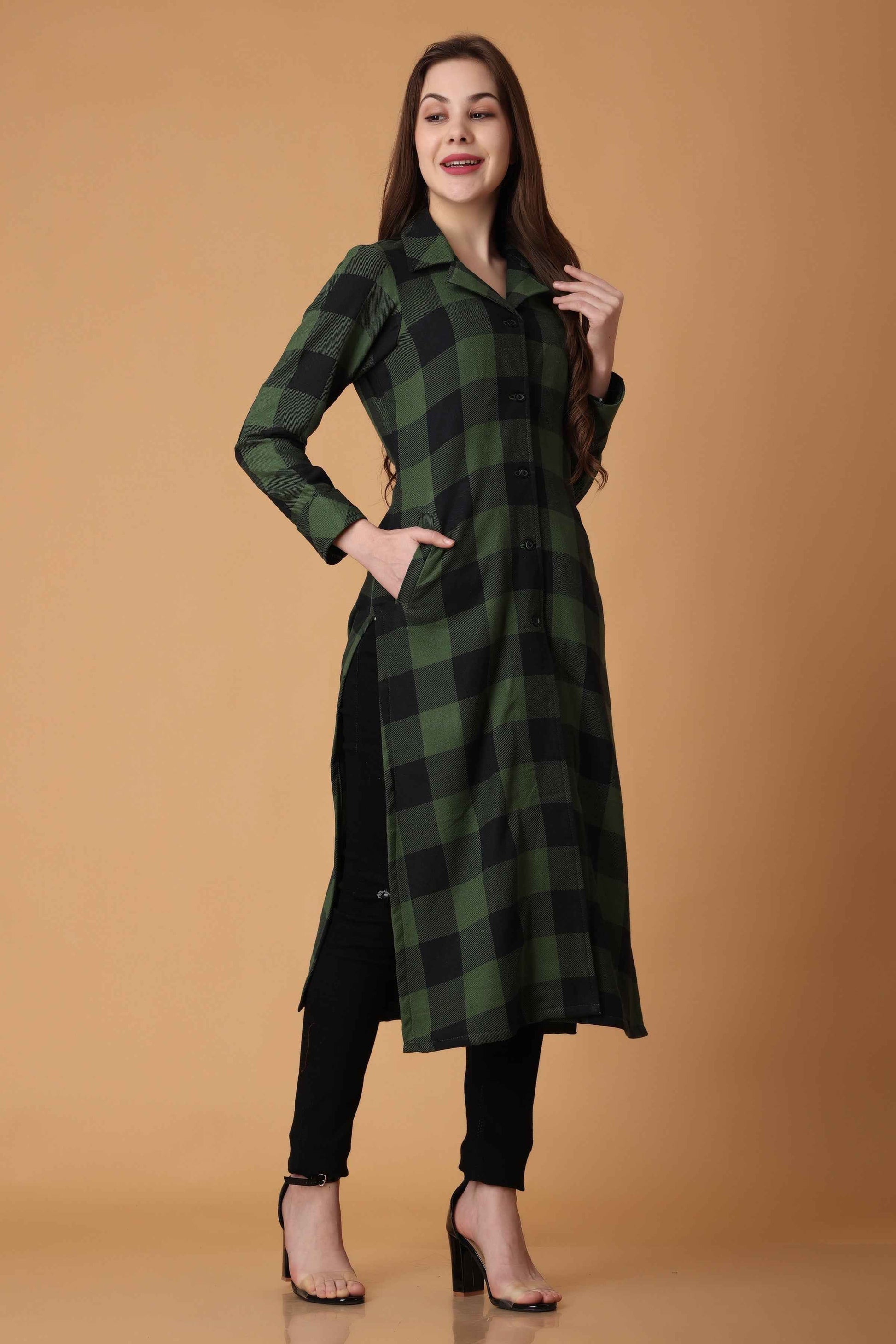 Buy Plus Size ​Green Checked Woollen Kurta At Apella | Sizes XS to 10 XL | India | Free Delivery | Customized