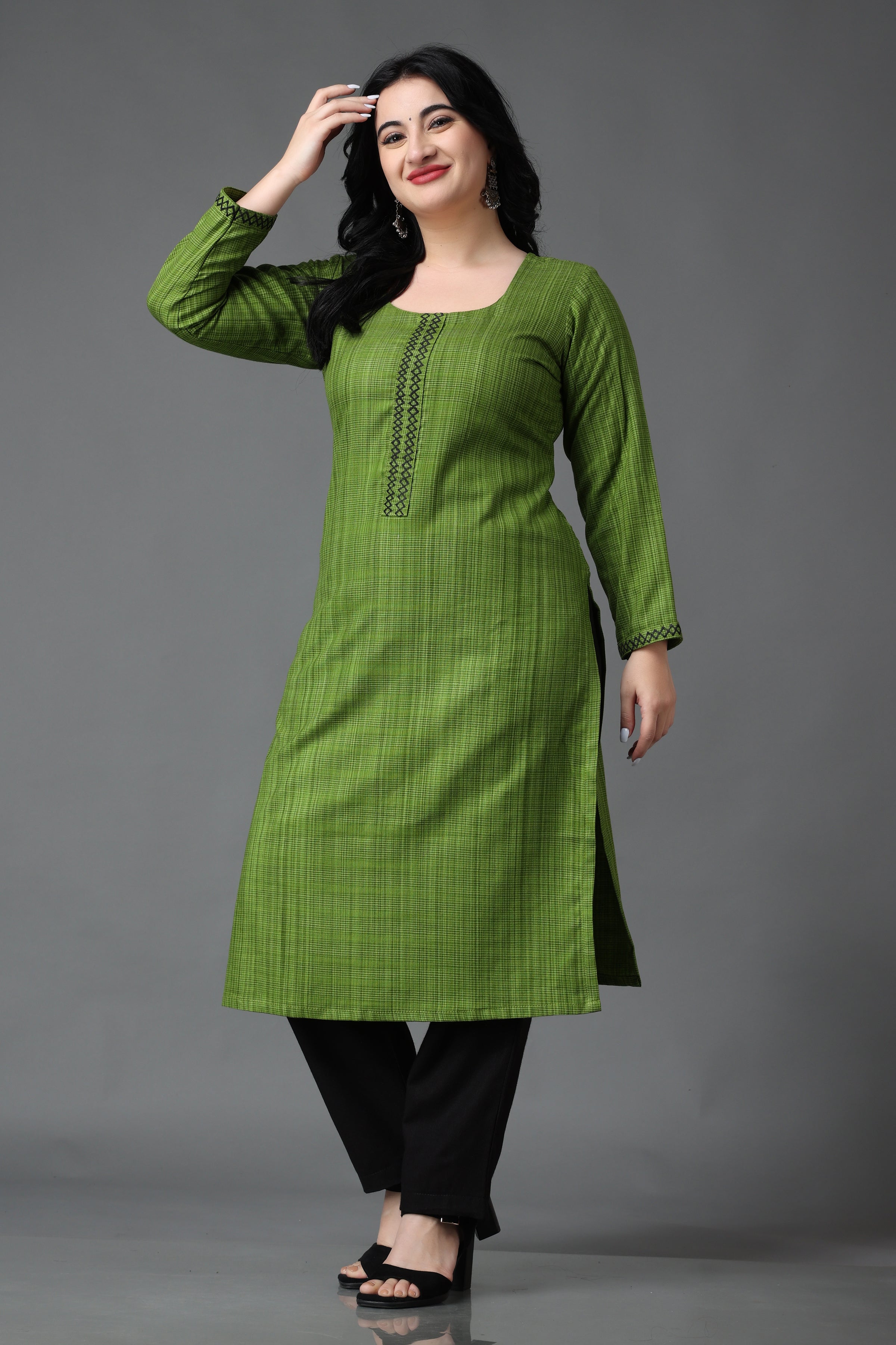 Women Solid Pure Cotton Pintucks Parrot Green Regular Short Kurti (XS-XXL)