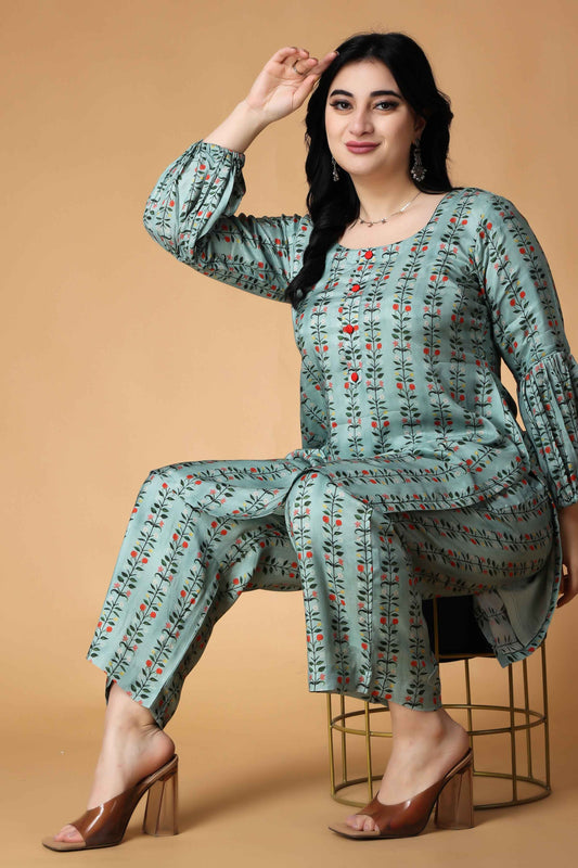 Buy Plus Size ​Mosaic Green Muslin Co-ord Set At Apella | Sizes XS to 10 XL | India | Free Delivery | Customized