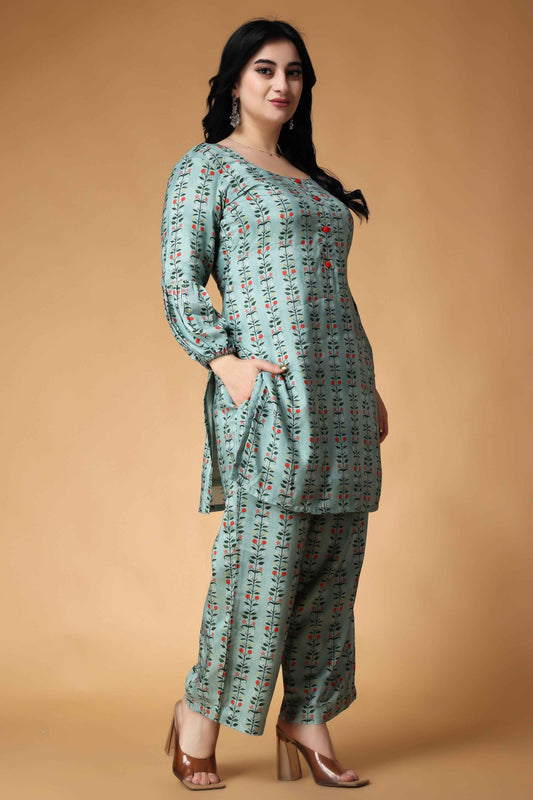 Buy Plus Size ​Mosaic Green Muslin Co-ord Set At Apella | Sizes XS to 10 XL | India | Free Delivery | Customized