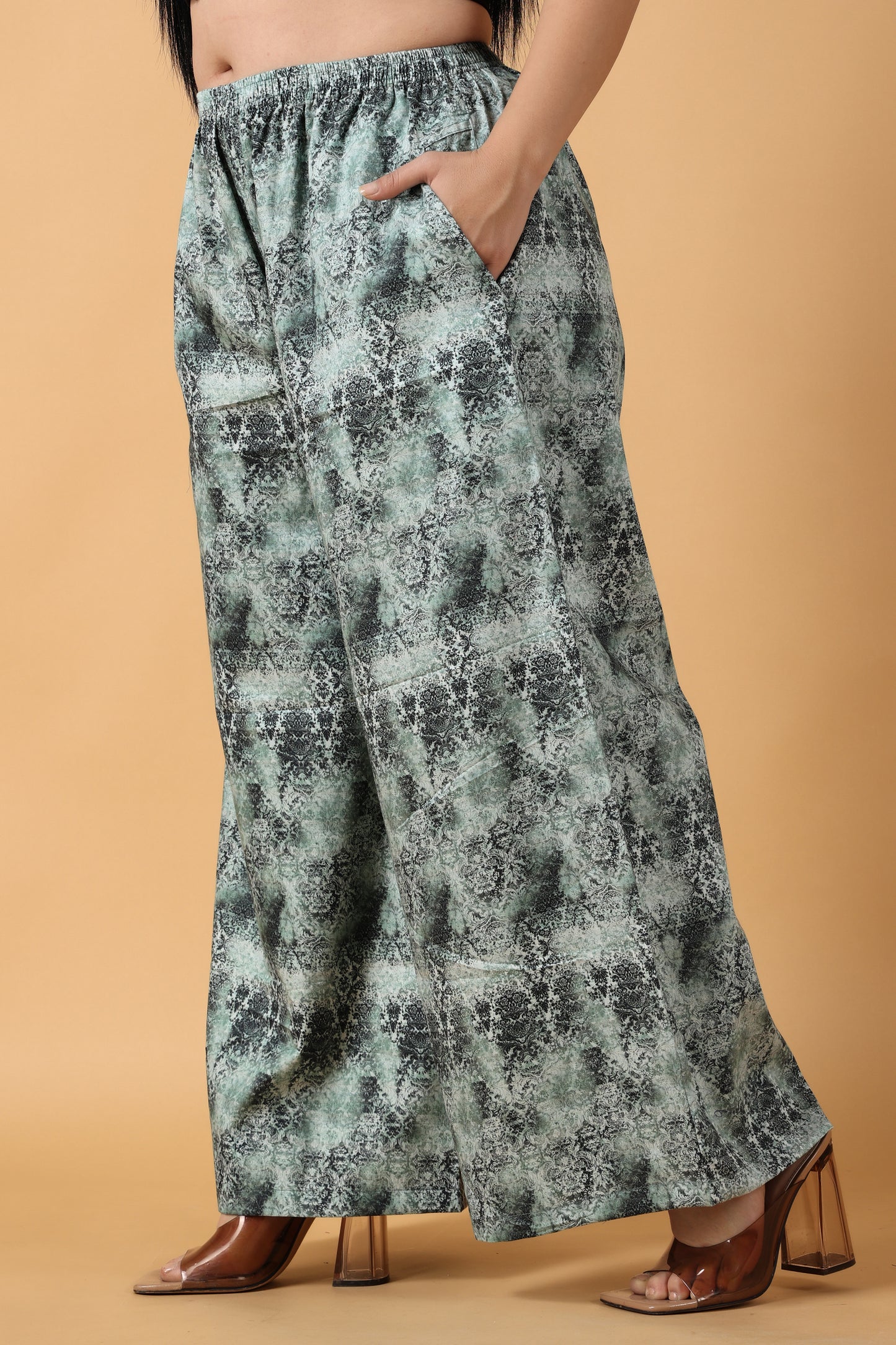 Women's Plus Size Greyish Green Printed cotton palazzo pants | Apella