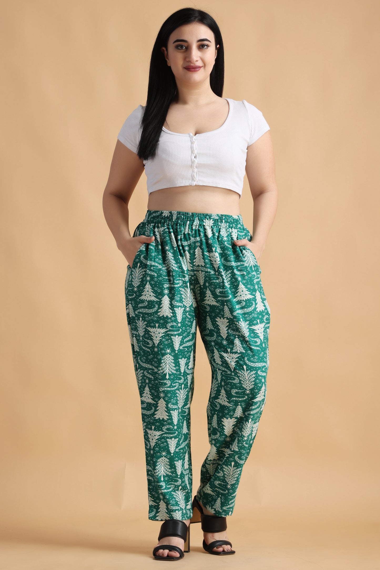 Women Plus Size Bamboo Green Printed Woollen Pajama