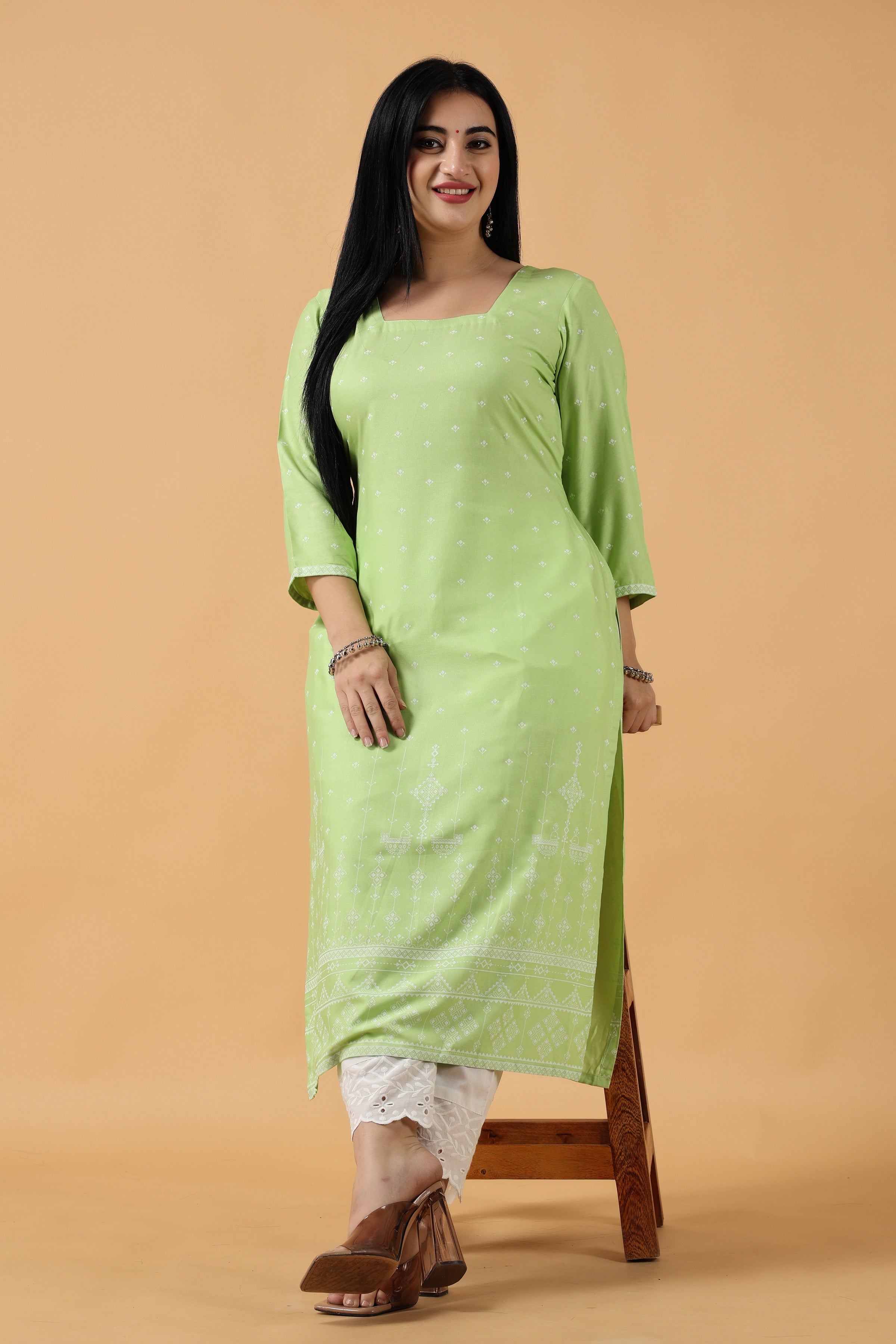 Buy Jaipur Kurti Lime Green Printed Straight Kurta with Palazzo (Set of 2)  online
