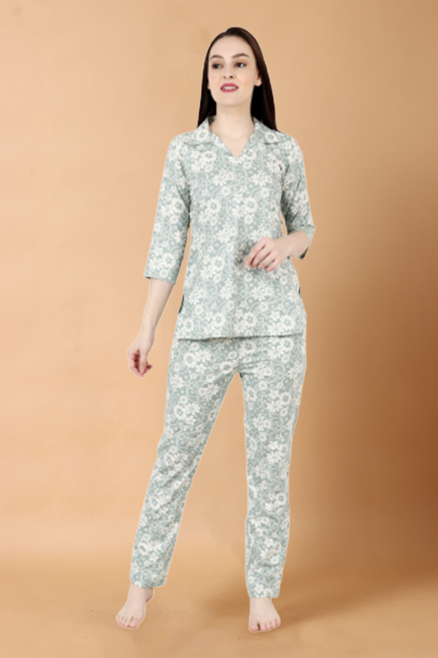 Women Plus Size Grey  Printed Cotton Night Suit | Apella