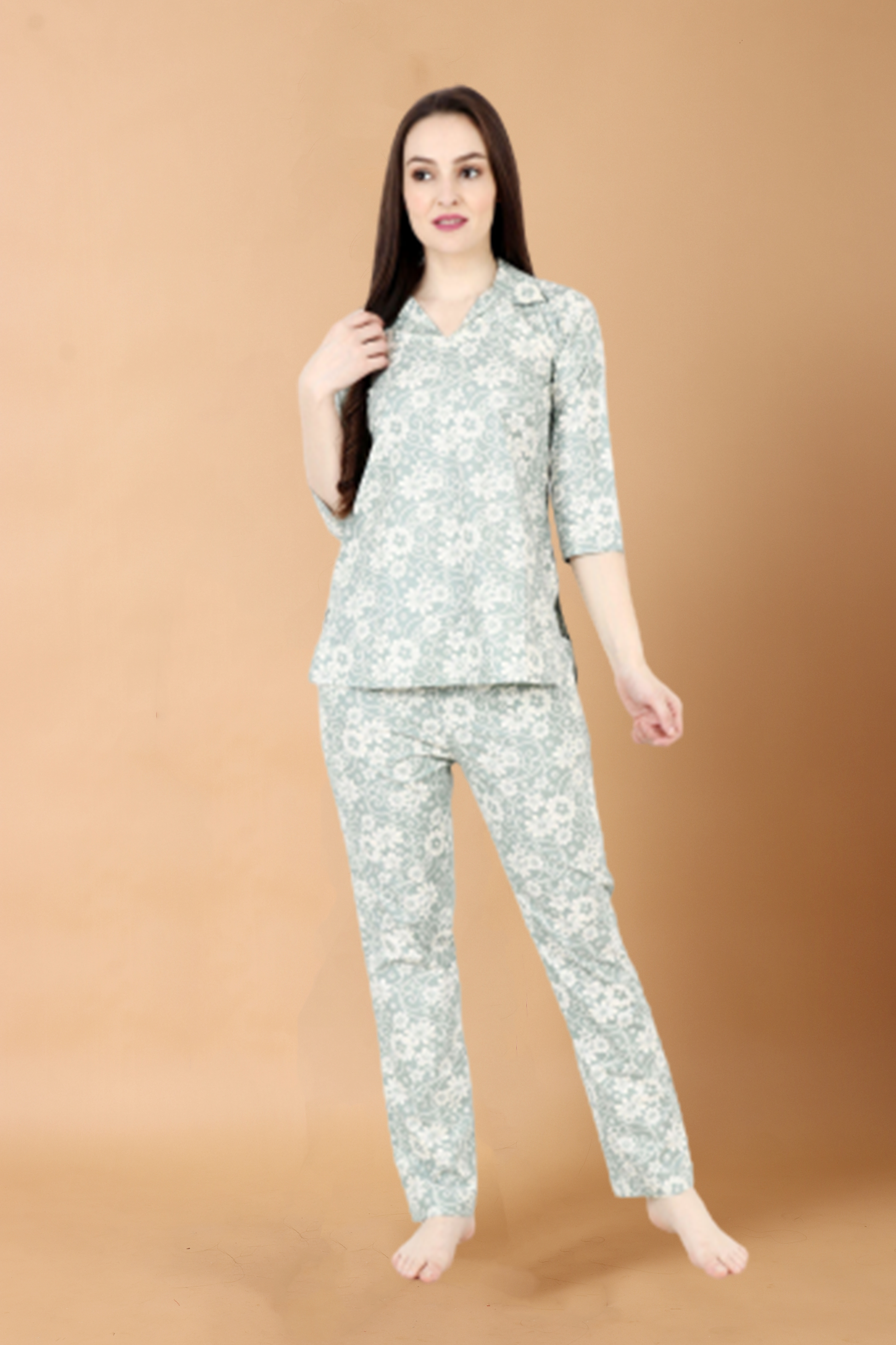 All Size, Buttery Peach Night Suit, Detailed with Contrast, Double Pockets, Dual Pockets, Floral Print, Fully Elasticized Pajama, Half Sleeves, Night Suit, Peach, Peach Night Suit, Plus Size,