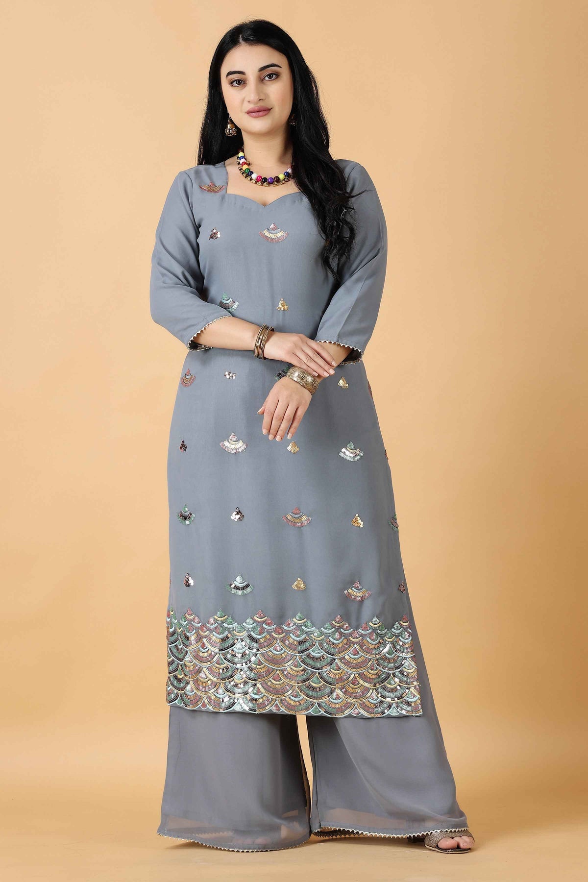 Buy Plus Size ​Starry Grey Fancy Suit With Sequin Work At Apella | Sizes XS to 10 XL | India | Free Delivery | Customized