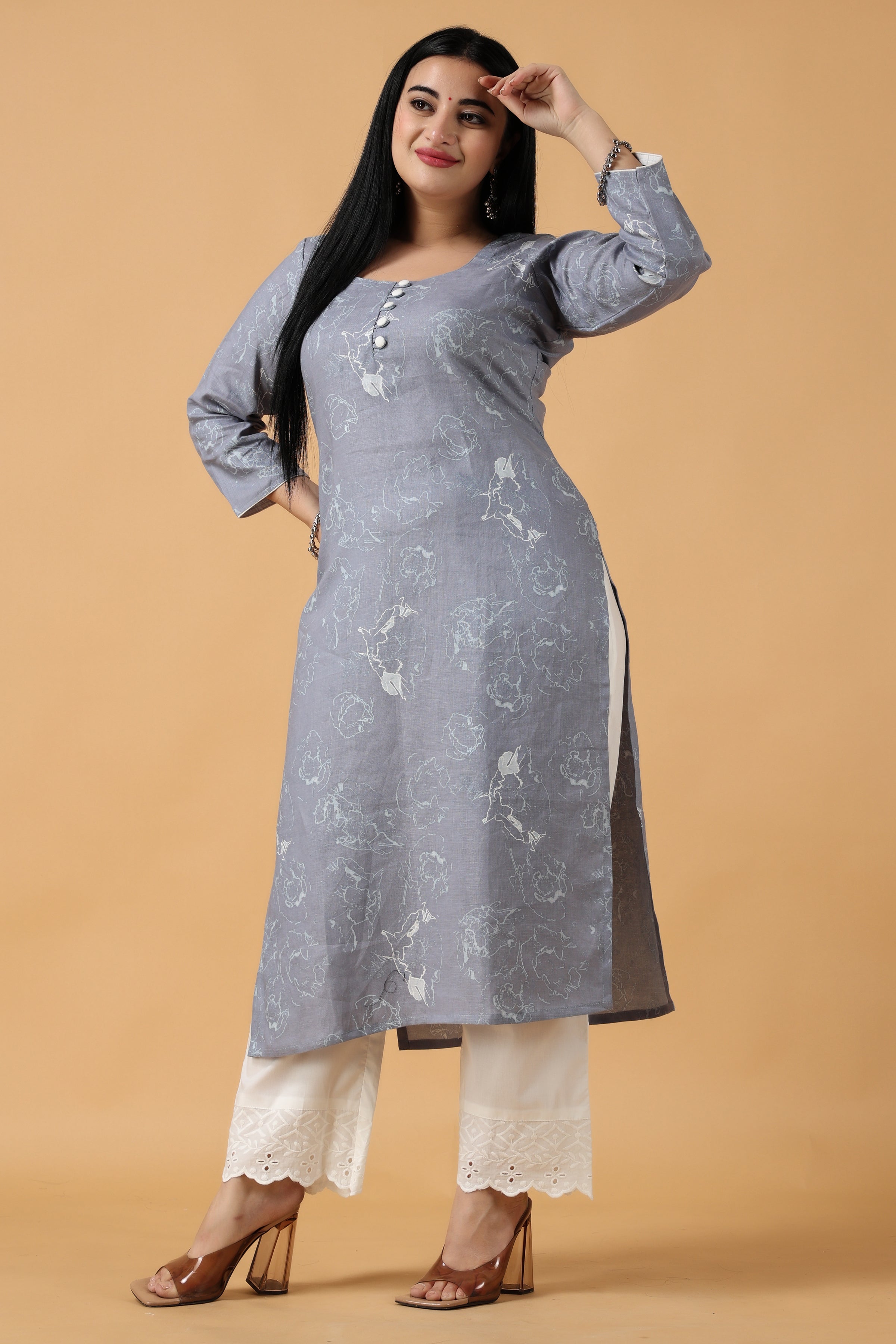 HIGHLIGHT FASHION EXPORT Women Grey Embellished Handwork Detail Straight  Kurti - Absolutely Desi