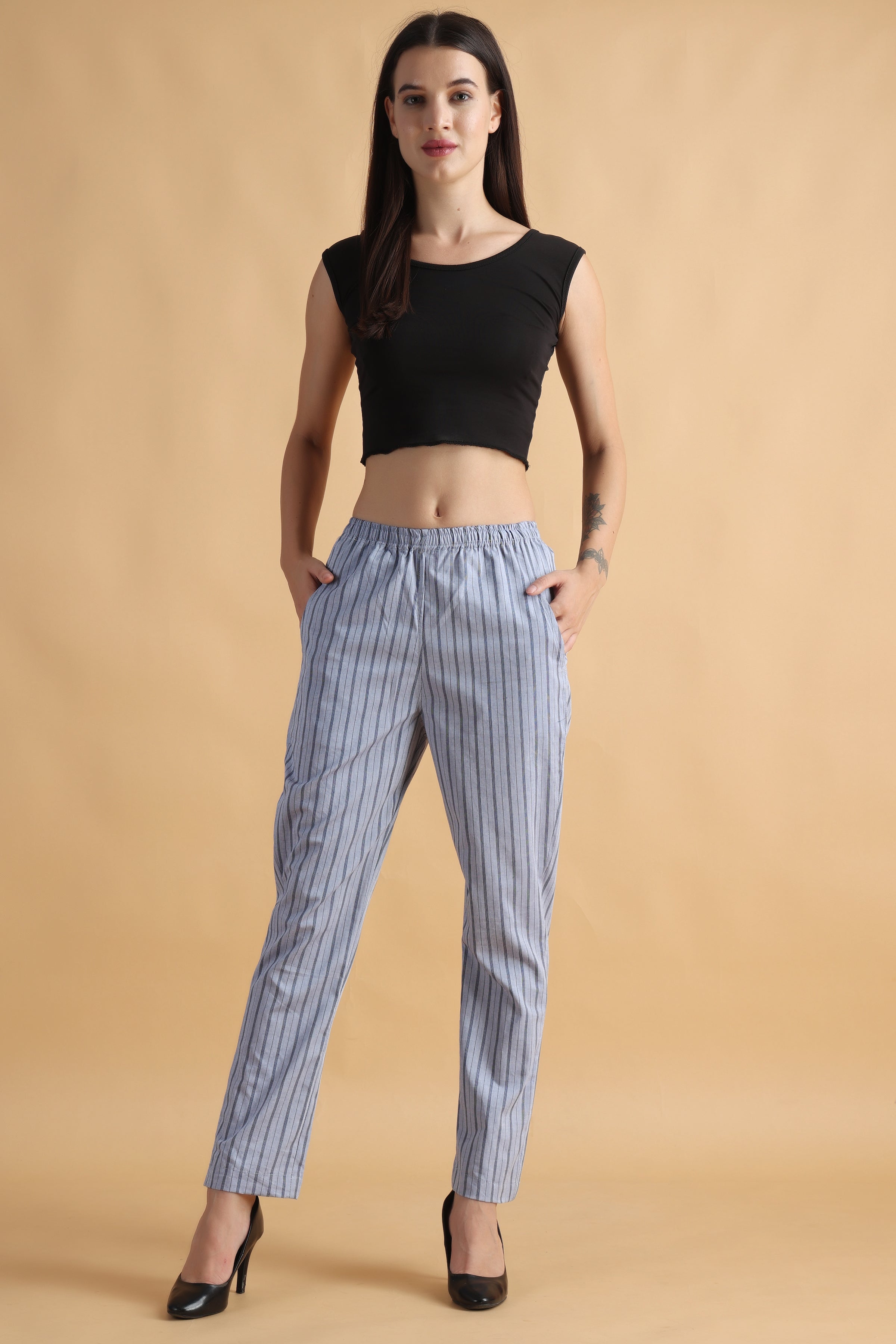 Women's Regular Fit Striped Black Pant - Flax Fashion
