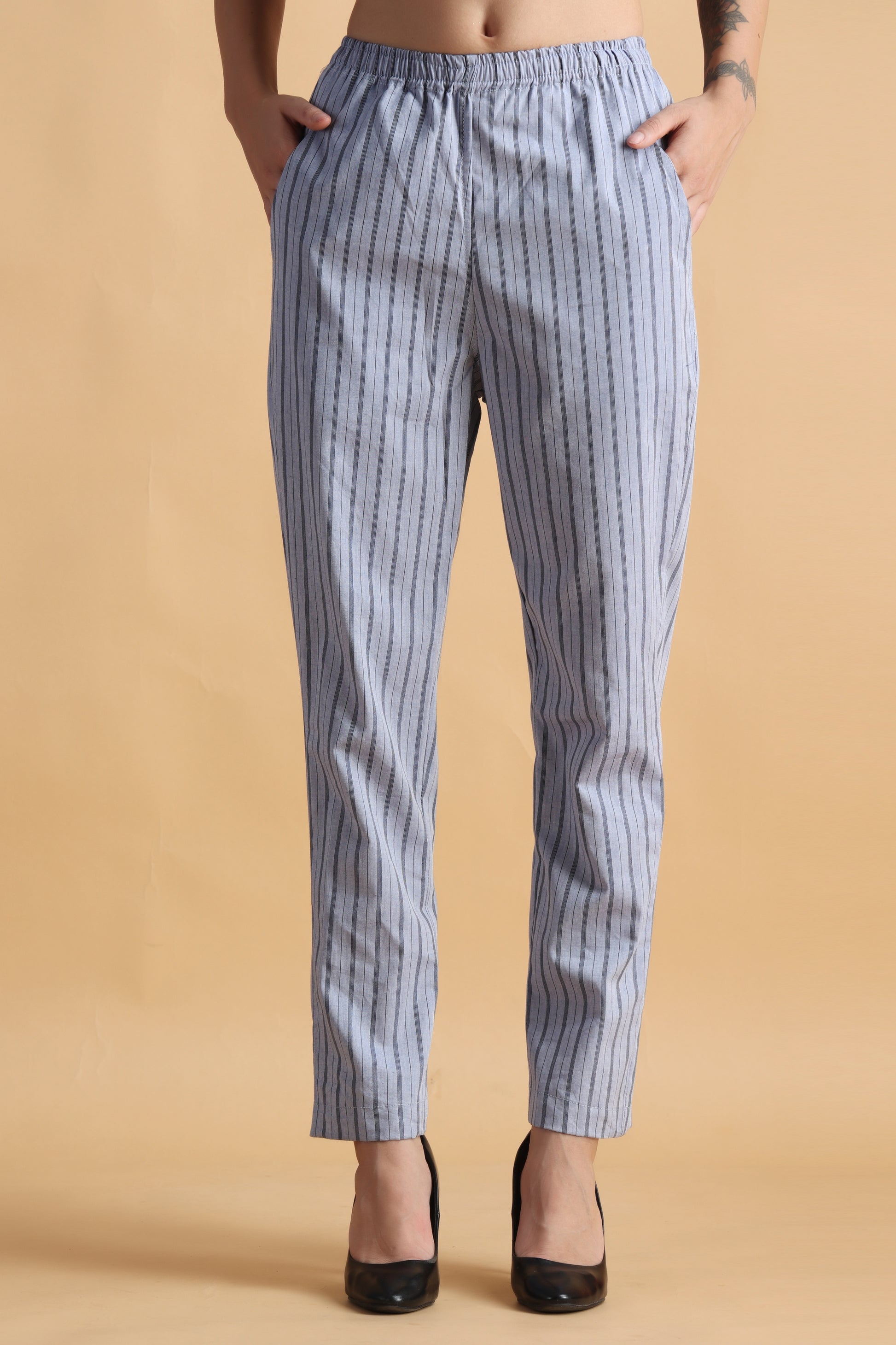Women Plus Size Blue Striped cotton palazzo pants | Apella 
