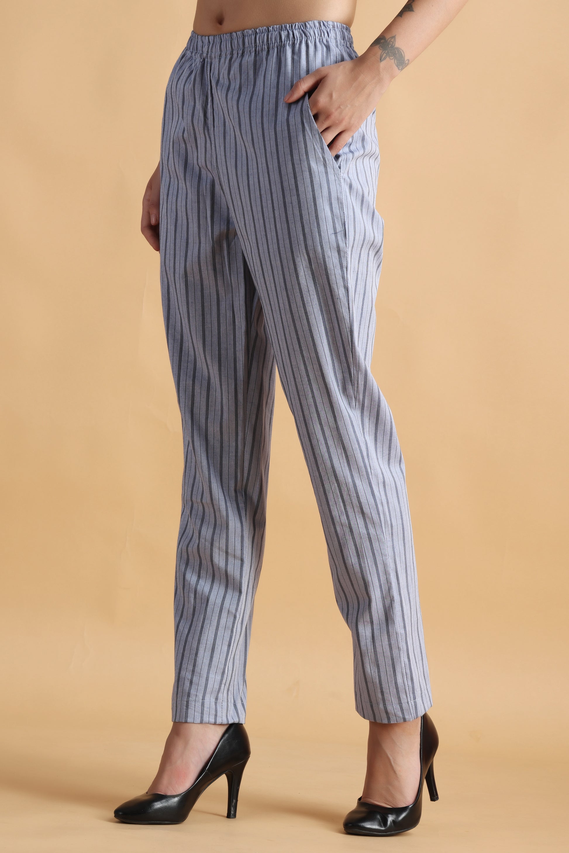 Women Plus Size Blue Striped cotton palazzo pants | Apella