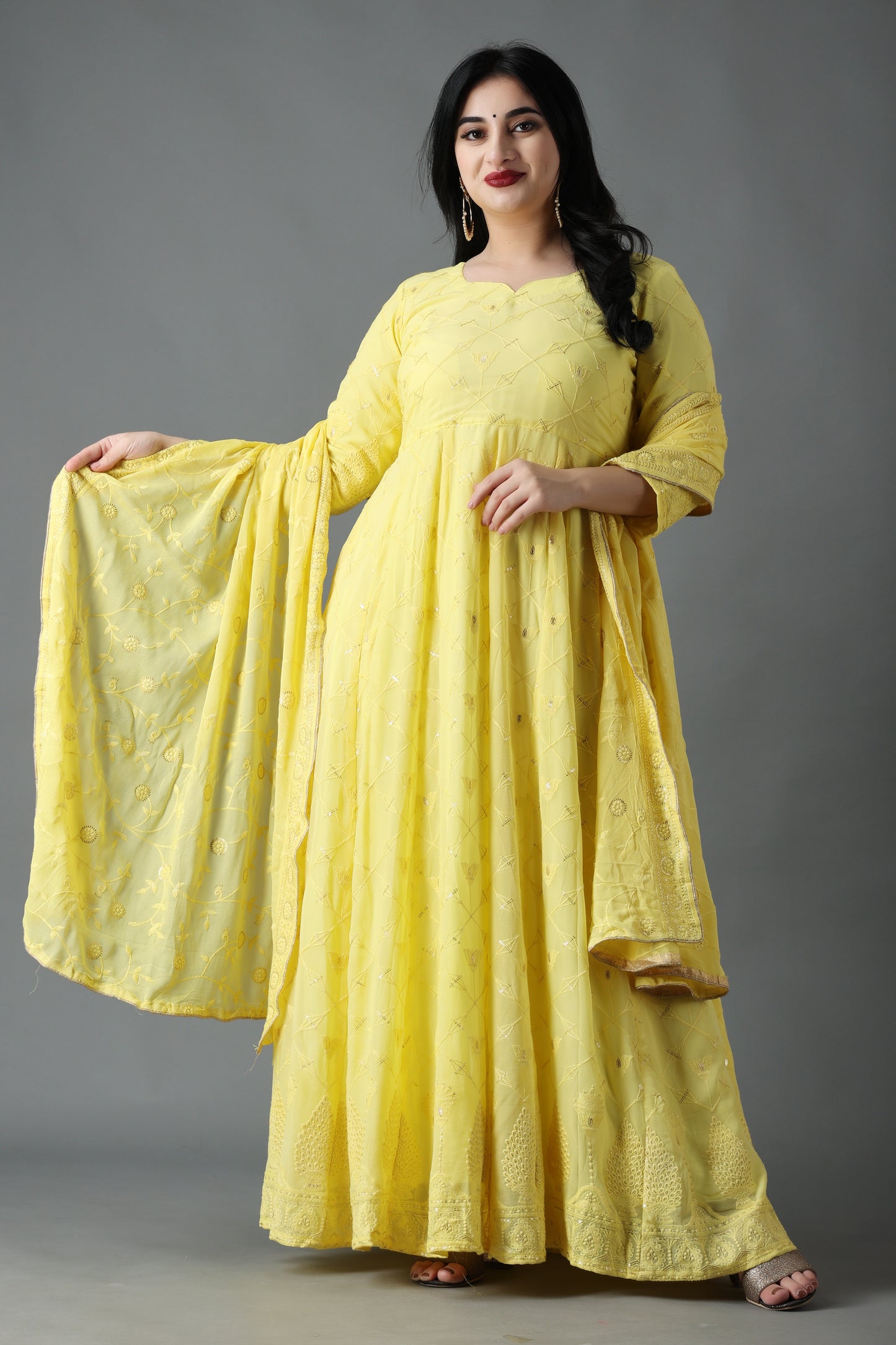 Lemon Sherbet Sequin Anarkali Dress