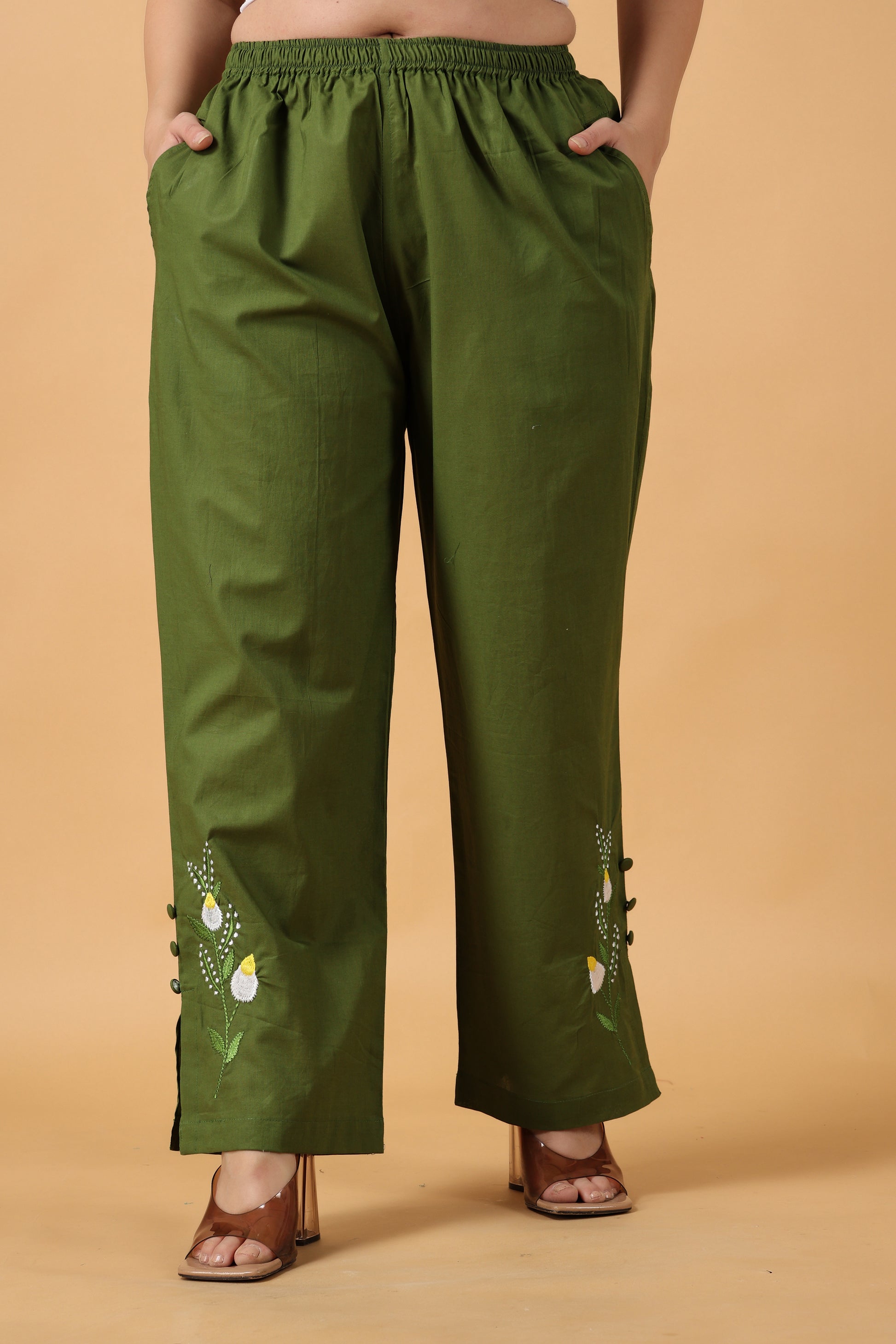 Women Plus Size Mehandi Embroidered cotton palazzo pants | Apella