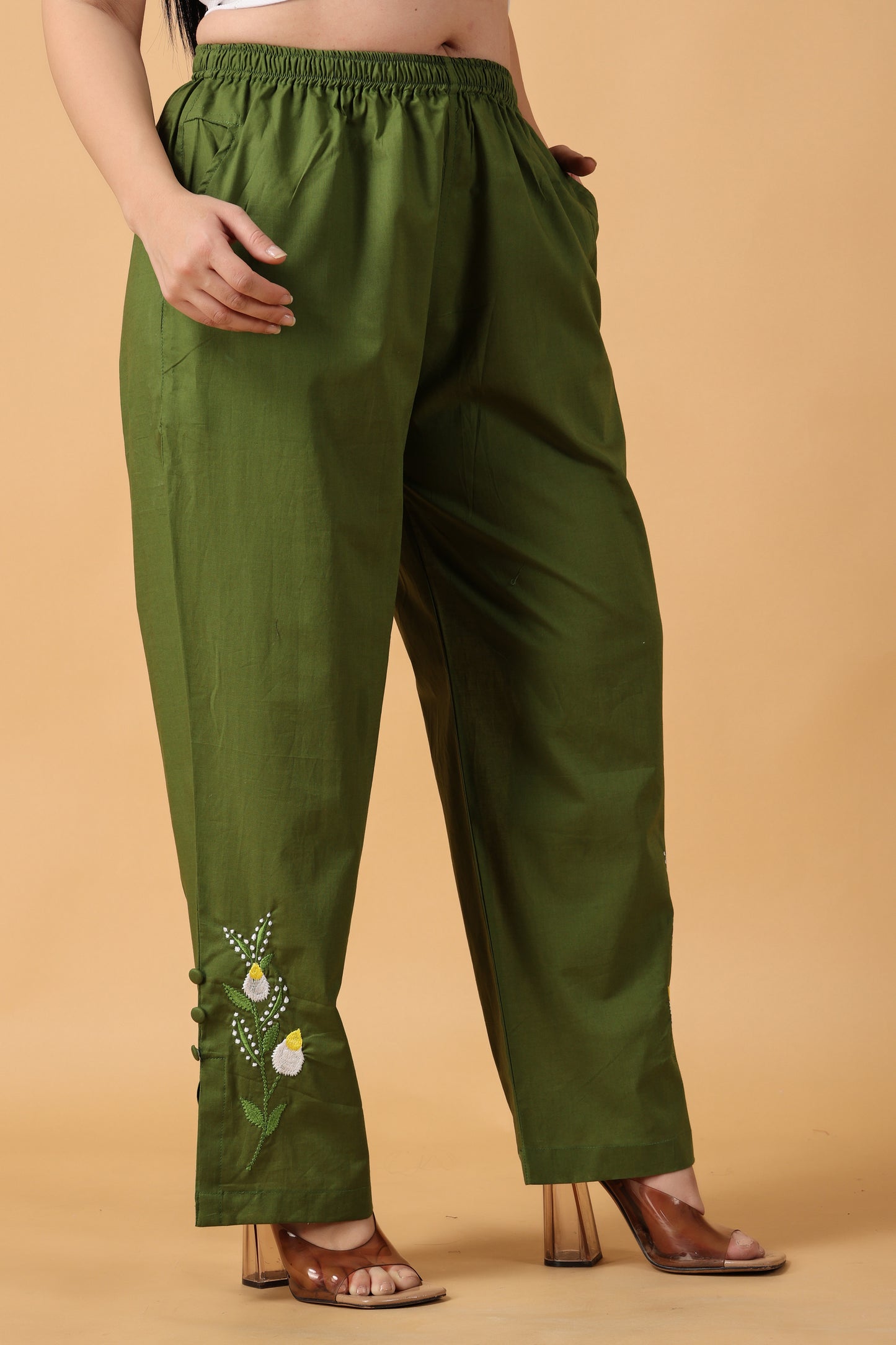 Women Plus Size Mehandi Embroidered cotton palazzo pants | Apella