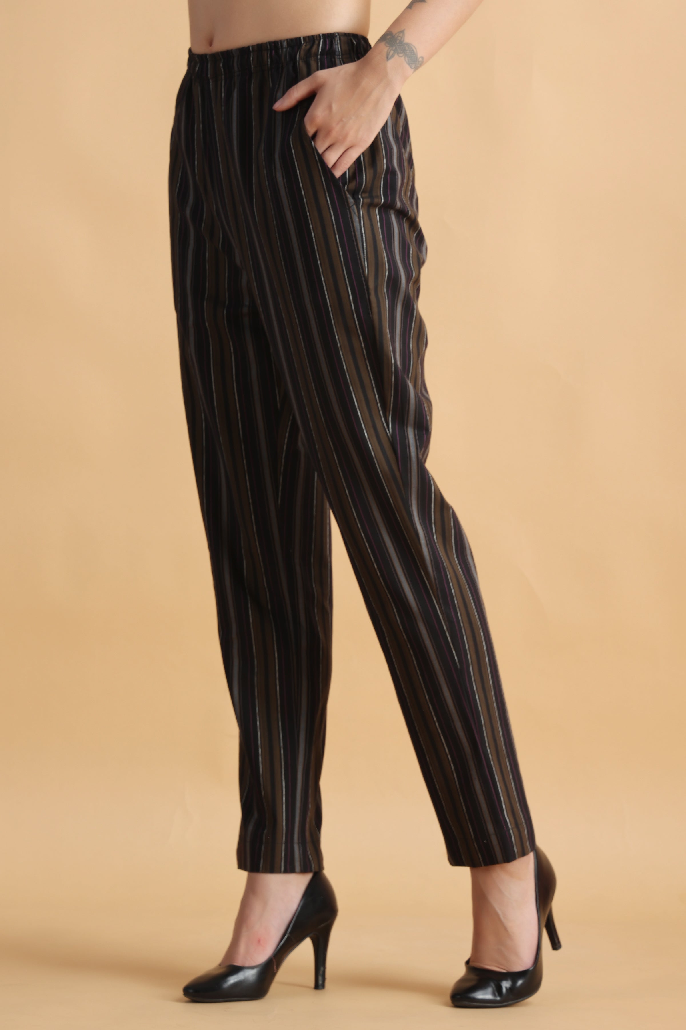 SHOWOFF Women Black Striped Straight Fit Formal Trouser