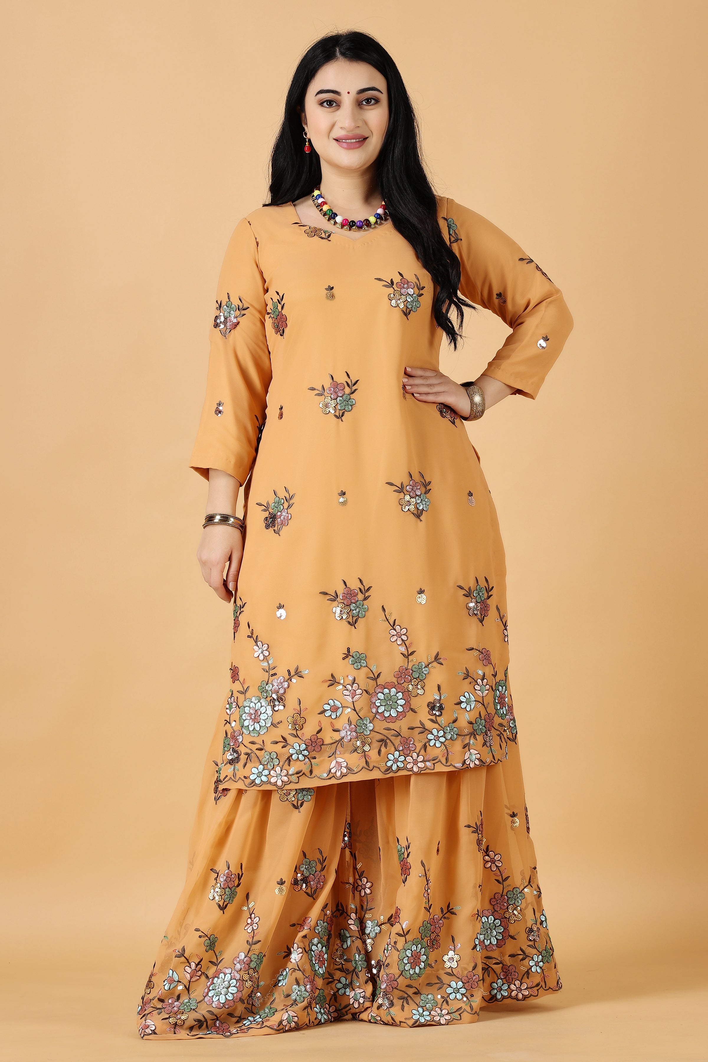 Buy Yellow Sharara Suit Set In Georgette With Fancy Sleeves Kalki Fashion  India