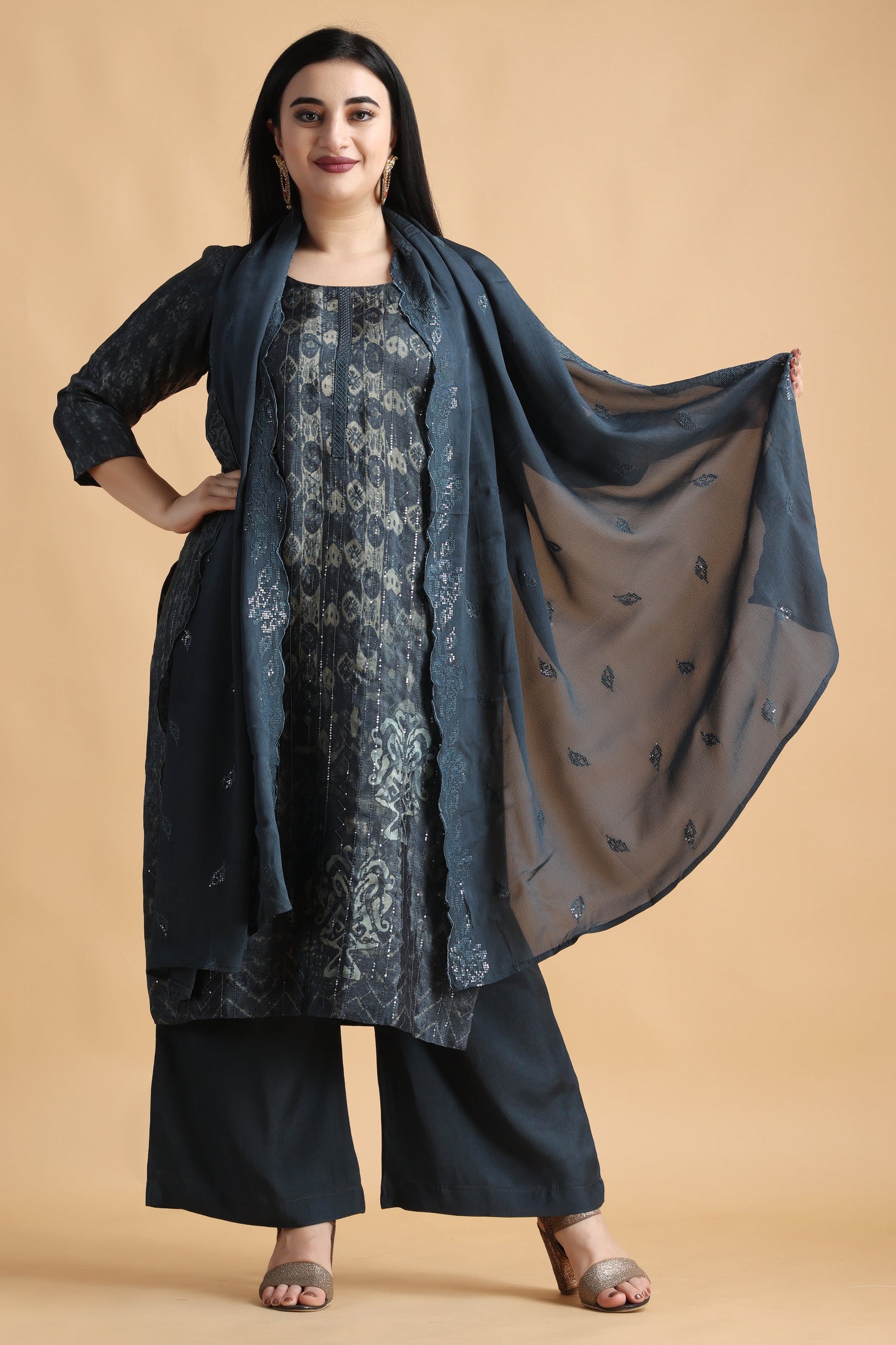 Women Plus Size Blue Printed Party Wear Kurti Set with Dupatta | Apella
