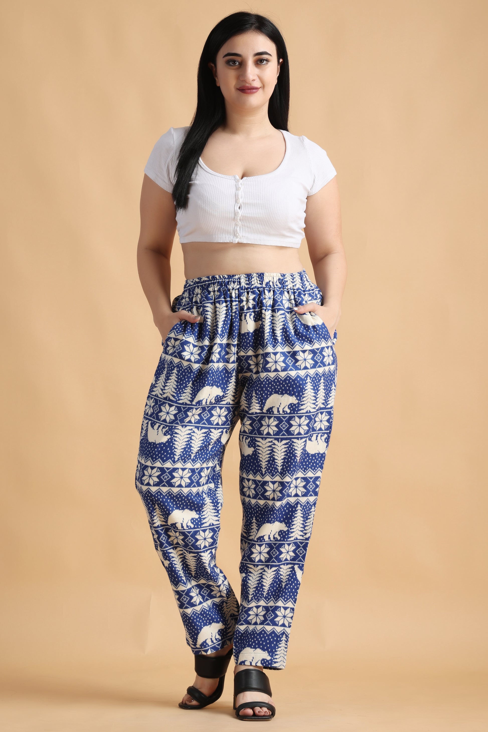 Women Plus Size Blue Printed Woollen Pajama With double Pocket