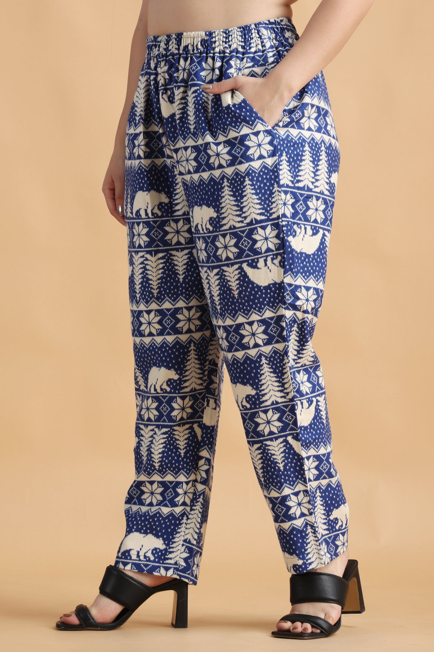 Women Plus Size Blue Printed Woollen Pajama With double Pocket