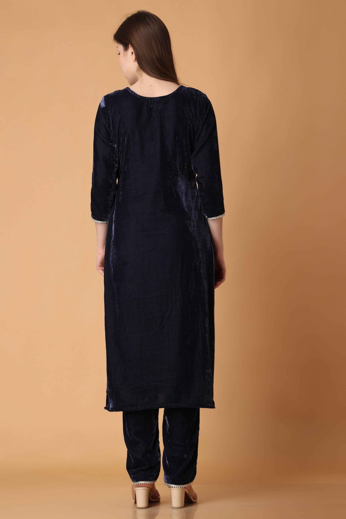 Buy Plus Size ​Blazing Blue Velvet Suit with Shawl At Apella | Sizes XS to 10 XL | India | Free Delivery | Customized