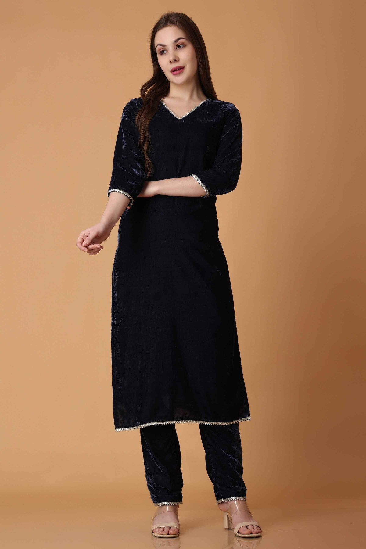 Buy Plus Size ​Blazing Blue Velvet Suit with Shawl At Apella | Sizes XS to 10 XL | India | Free Delivery | Customized