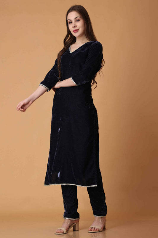 Buy Plus Size ​Blazing Blue Velvet Suit with Shawl At Apella | Sizes XS to 10 XL | India | Free Delivery | Customized