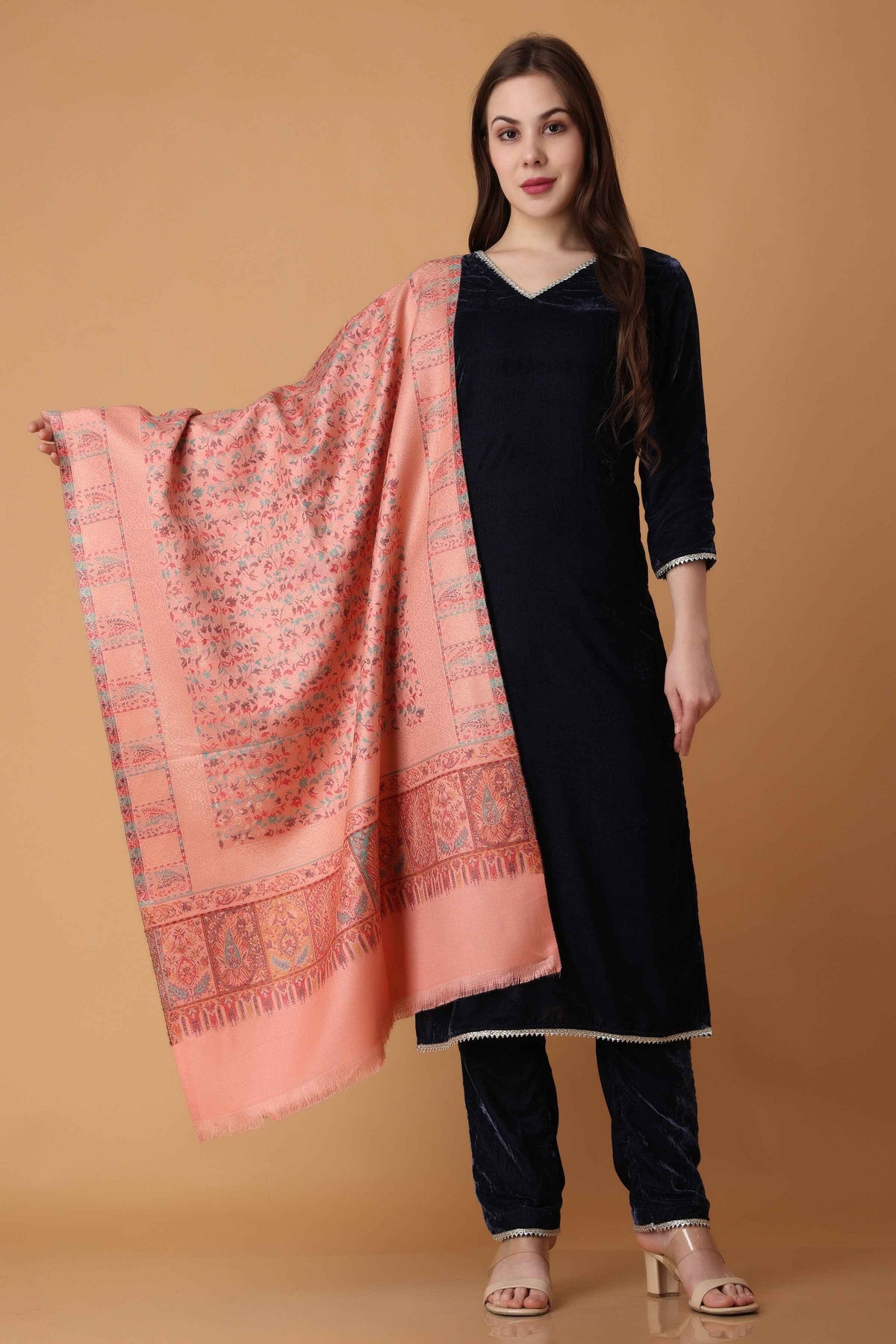 Buy Plus Size ​Blazing Blue Velvet Suit with Shawl At Apella | Sizes XS to 10 XL | India | Free Delivery | Customized