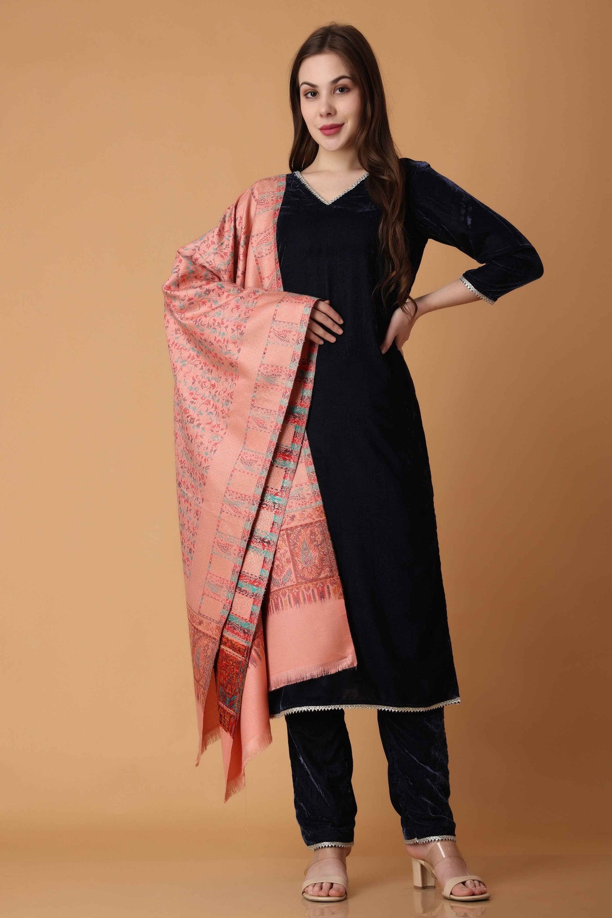 Buy Plus Size ​Blazing Blue Velvet Suit with Shawl At Apella | Sizes XS to 10 XL | India | Free Delivery | Customized