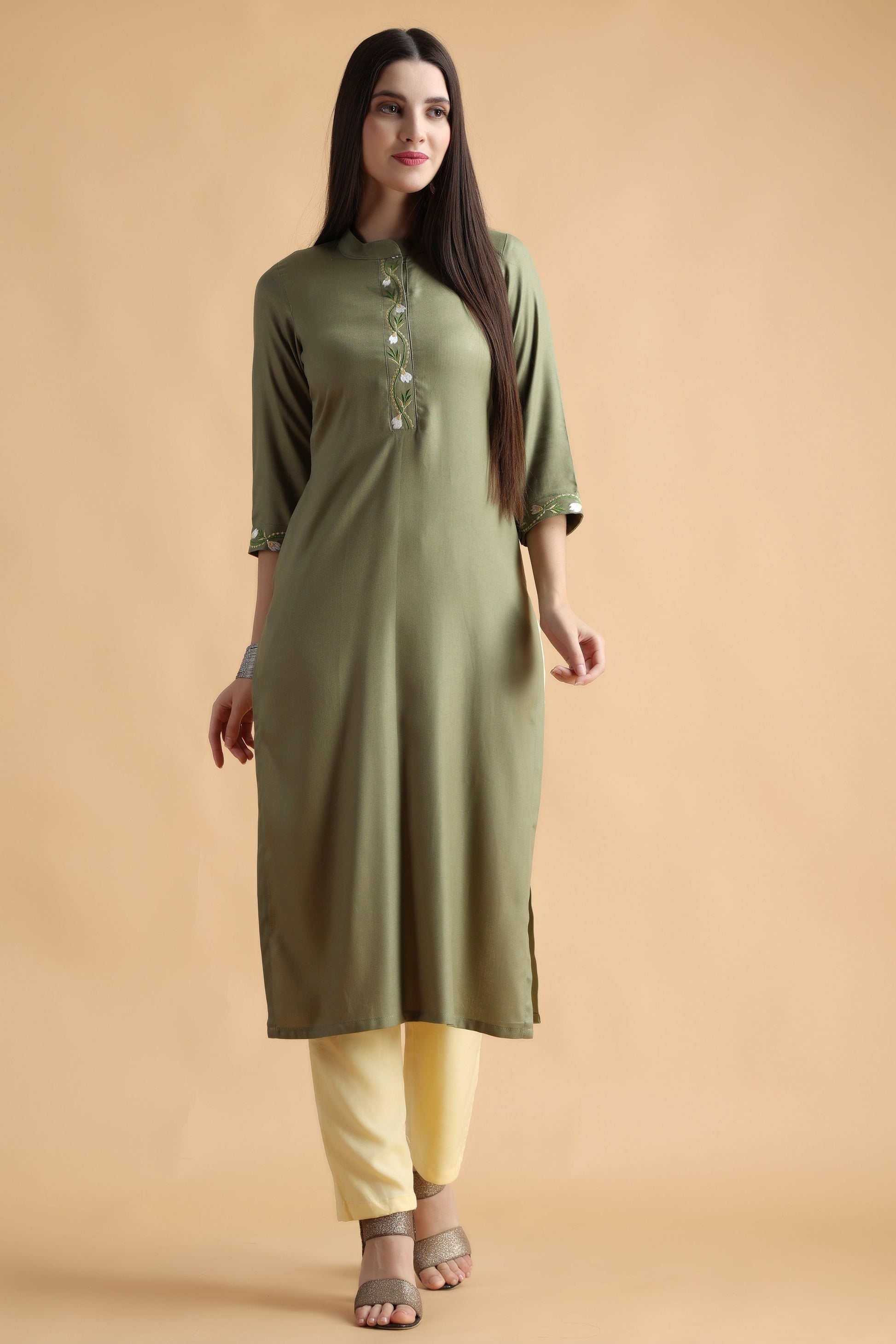 Women's Plus Size Olive Green Rayon kurti with pant set | Apella