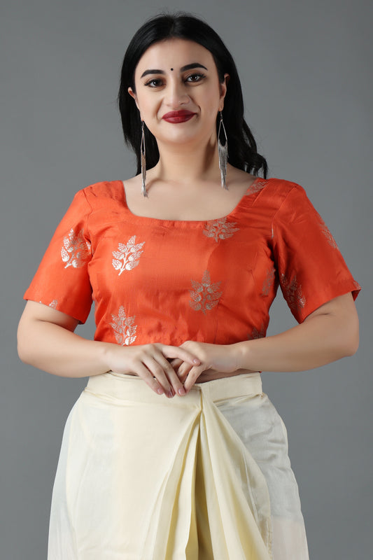 Women Plus Size Orange Silk Fancy Blouse 
