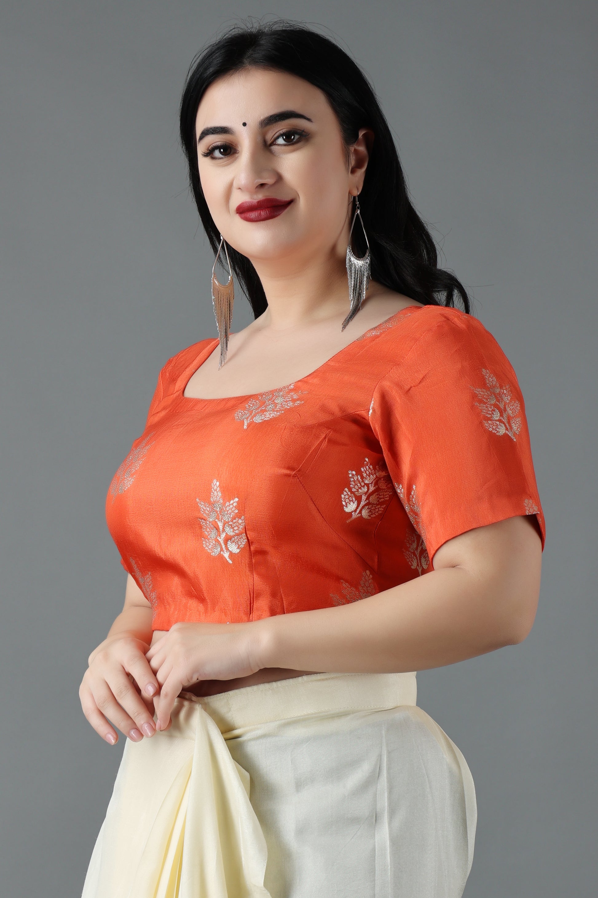Women Plus Size Orange Silk Fancy Blouse 