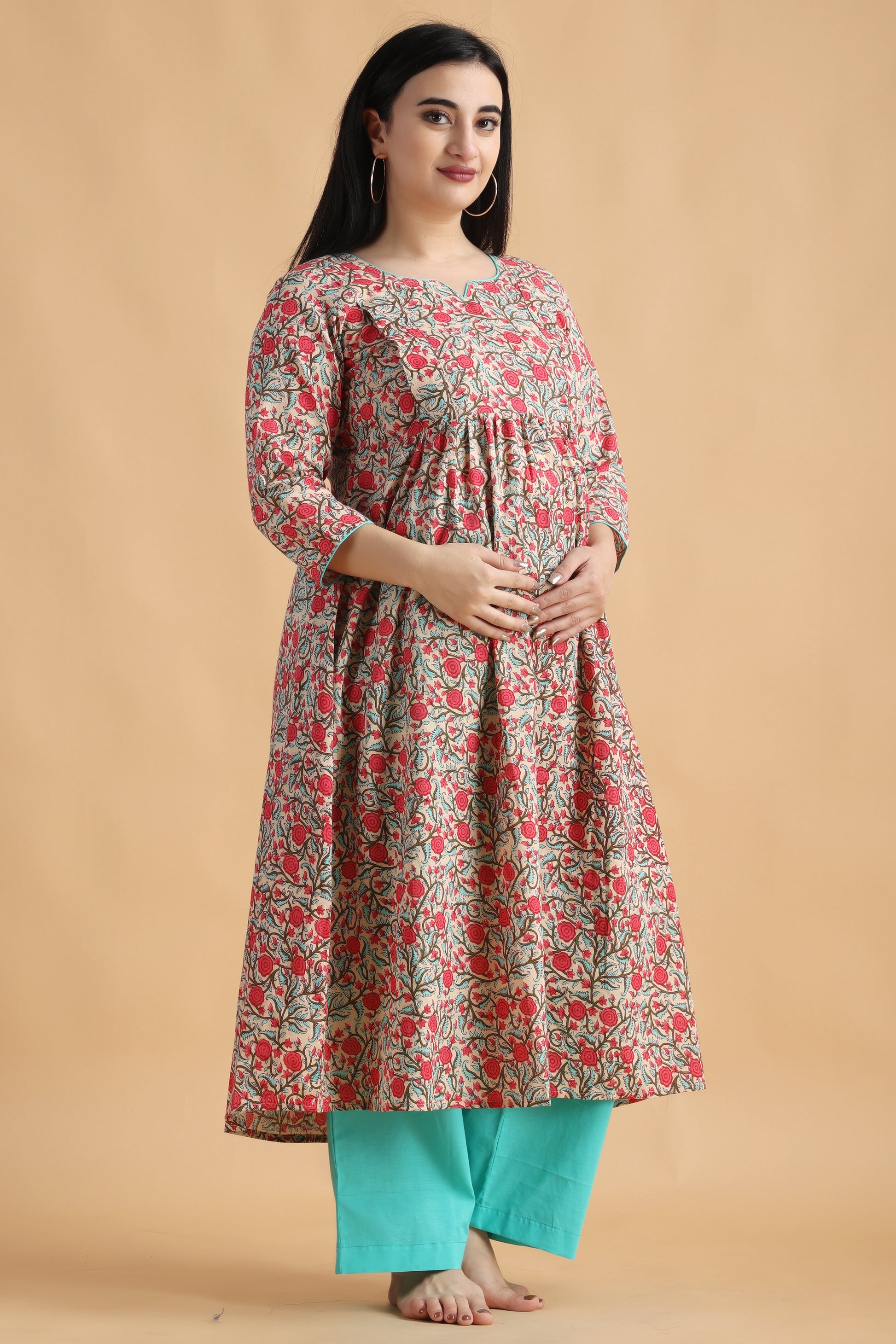 Women Plus Size Red Printed Cotton Maternity Set | Apella