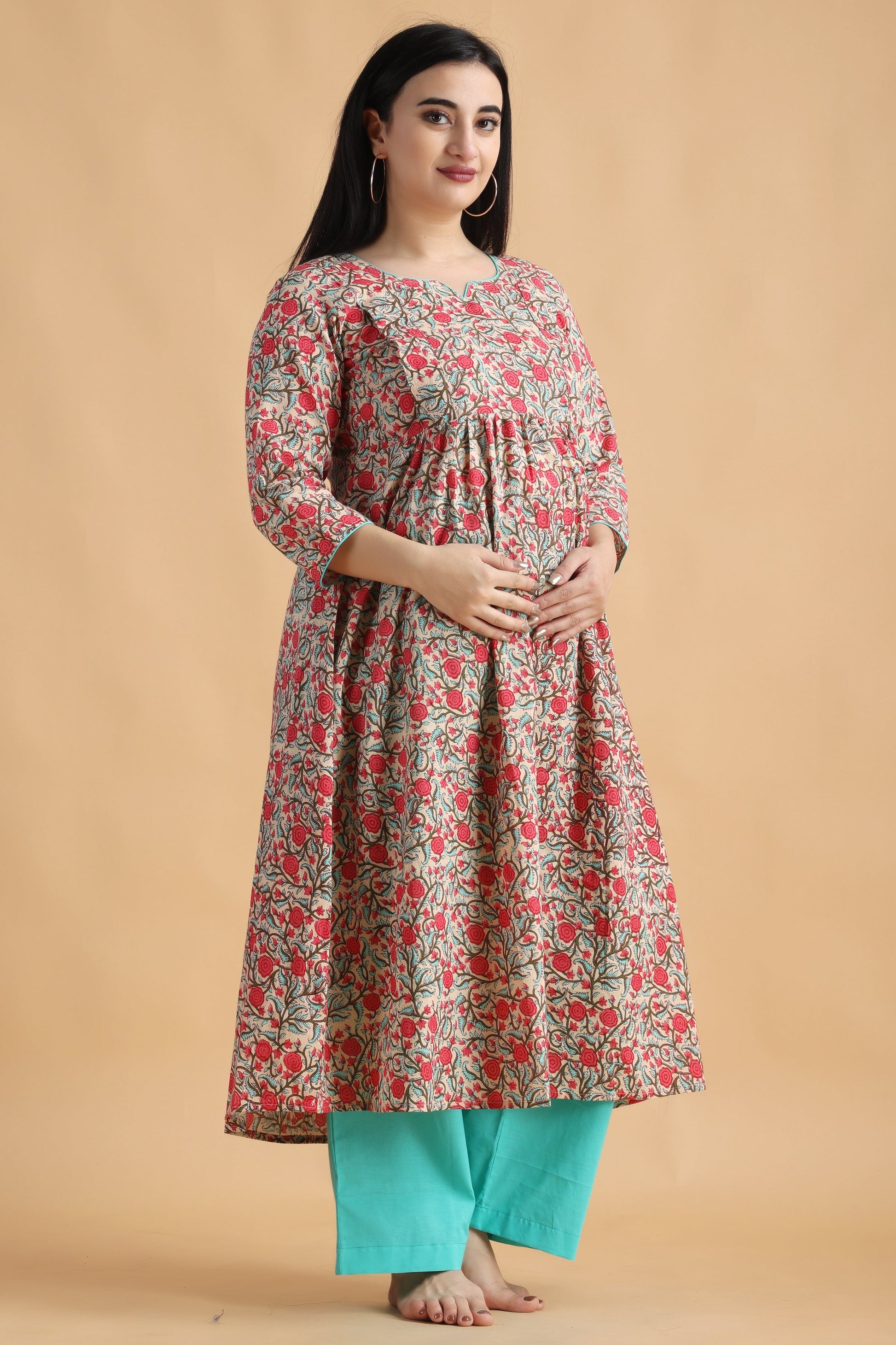 Women Plus Size Red Cotton Kurti Maternity Set | Apella