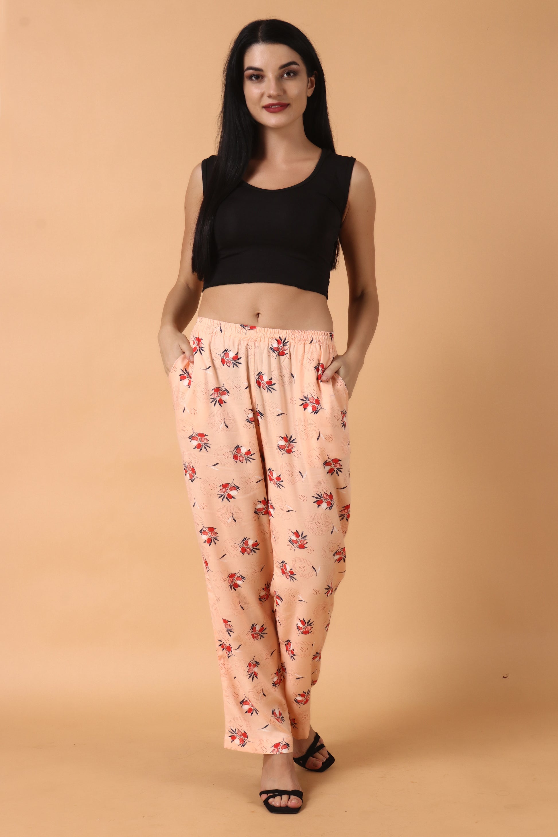 Women Plus Size Peach Printed Rayon palazzo pants for women | Apella