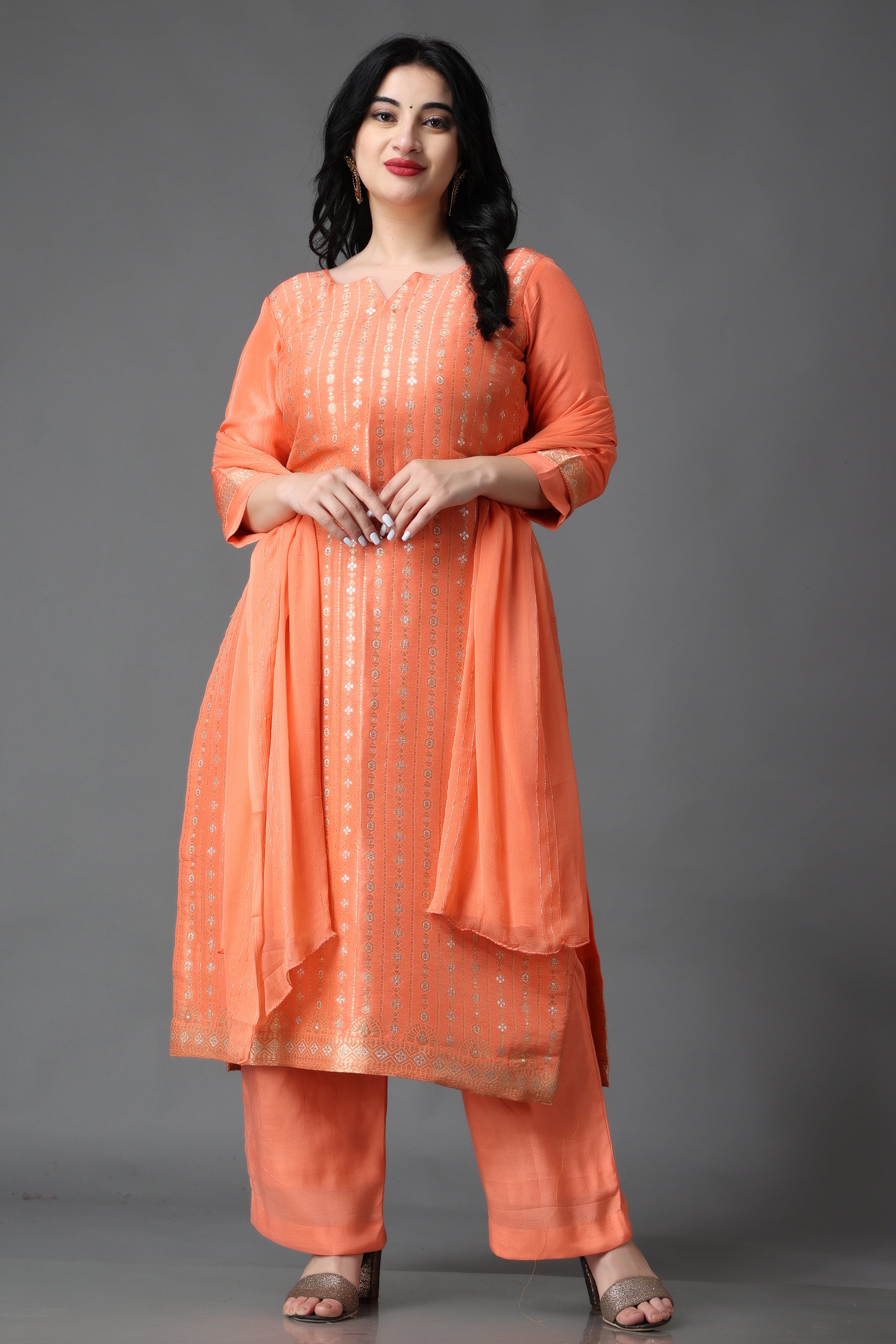 Peach Color Faux Georgette Soft Emboidery Work Straghit Suit – Joshindia