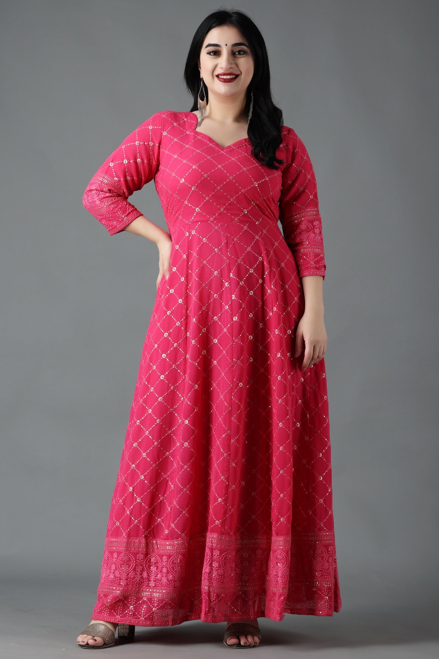 Hot Pink Sequin Anarkali Dress