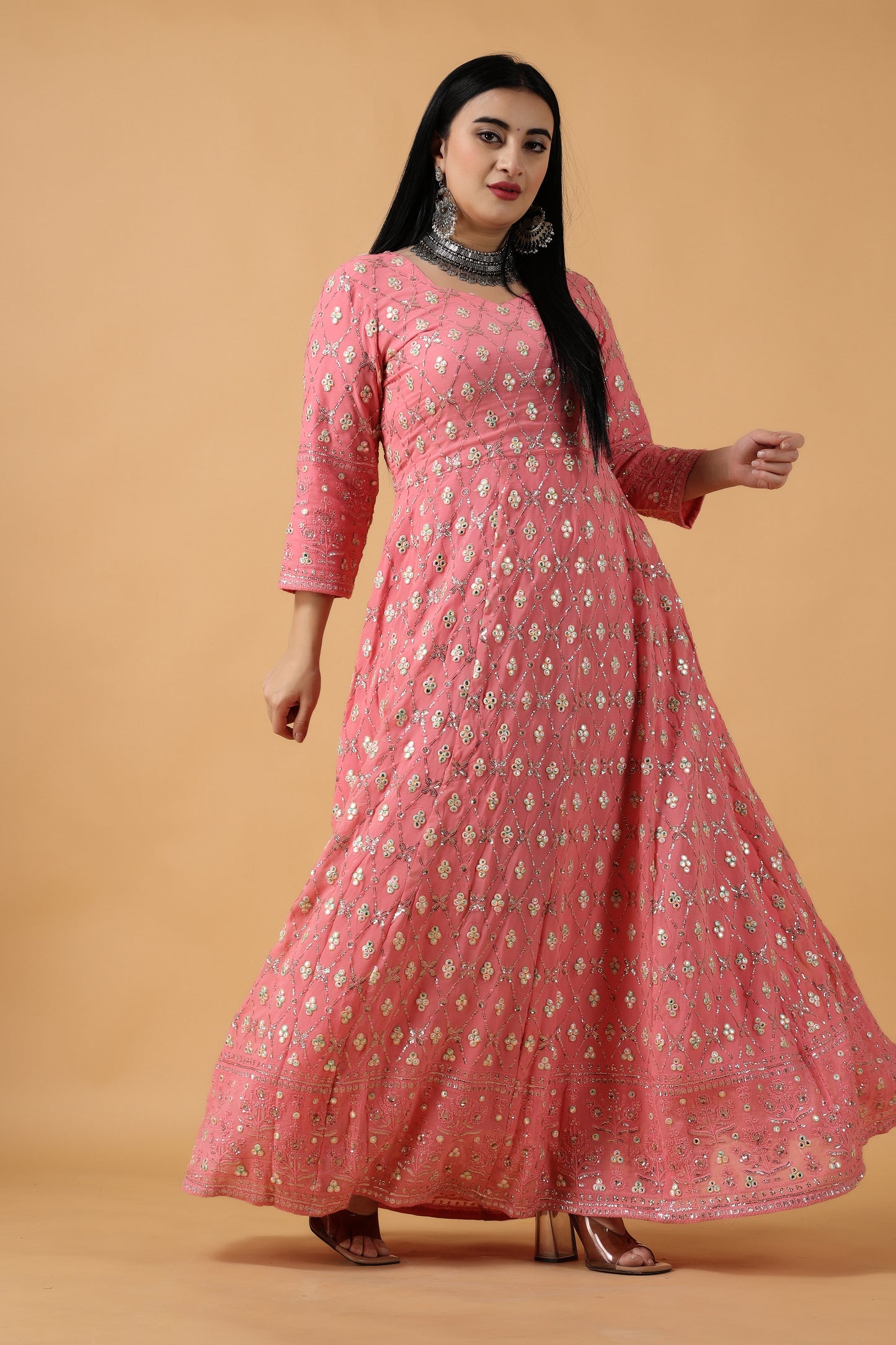 Women Plus Size Pink Chikan Party Wear Wedding Anarkali Dress | Apella
