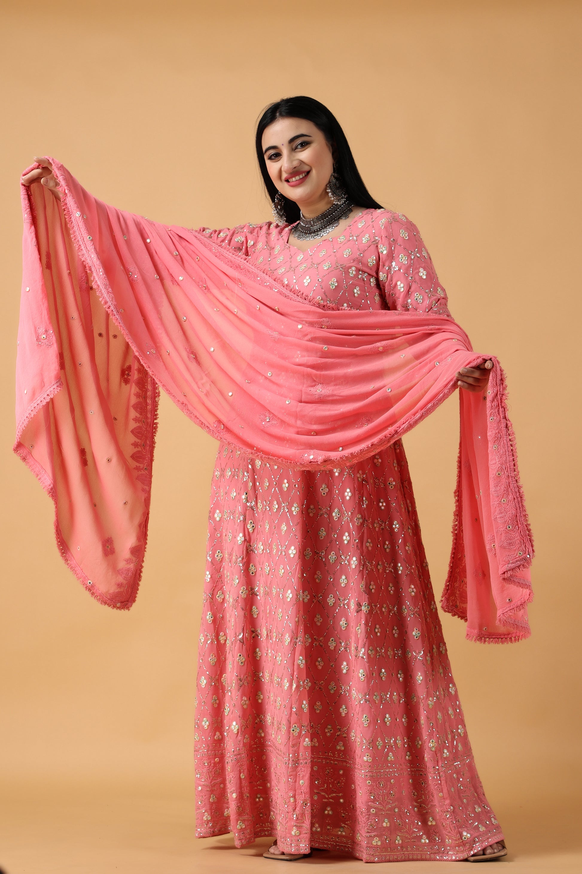 Women Plus Size Pink Chikan Party Wear Wedding Anarkali Dress | Apella