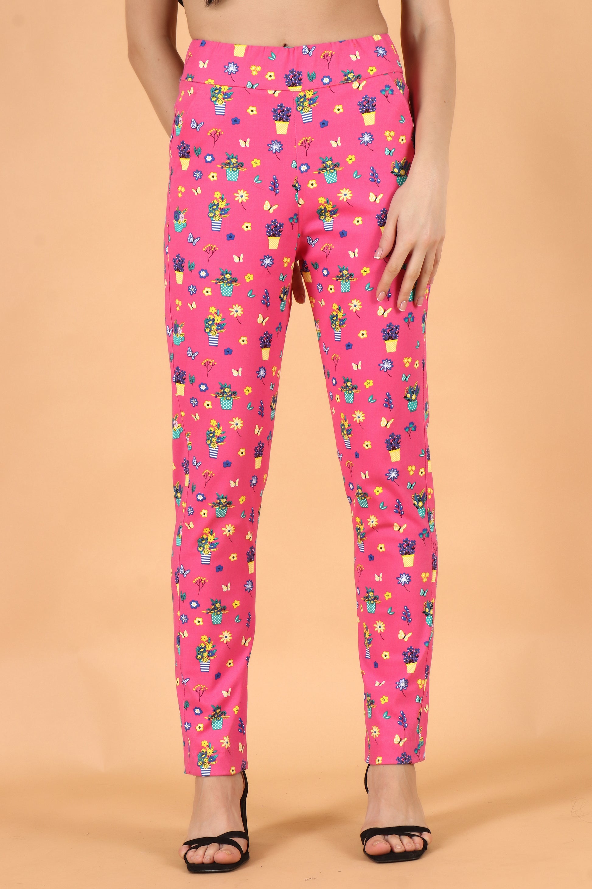 Women Plus Size Pink Printed Lycra Pants | Apella