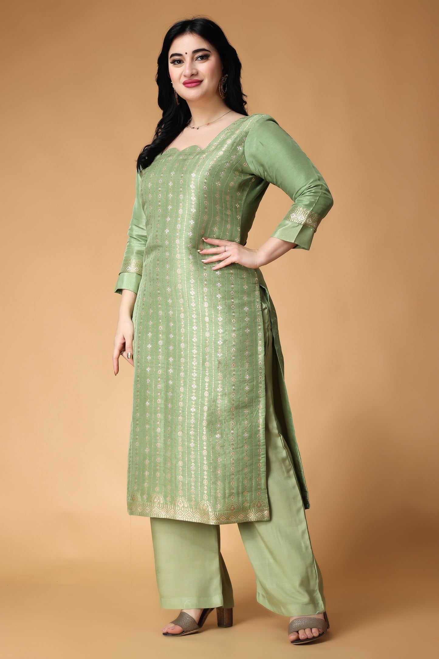 Women Plus Size Pista Green Silk Fancy Suit