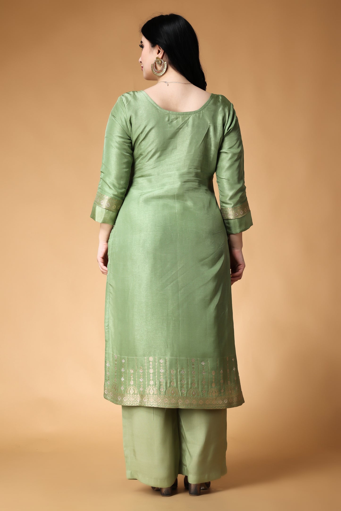 Women Plus Size Pista Green Silk Fancy Suit