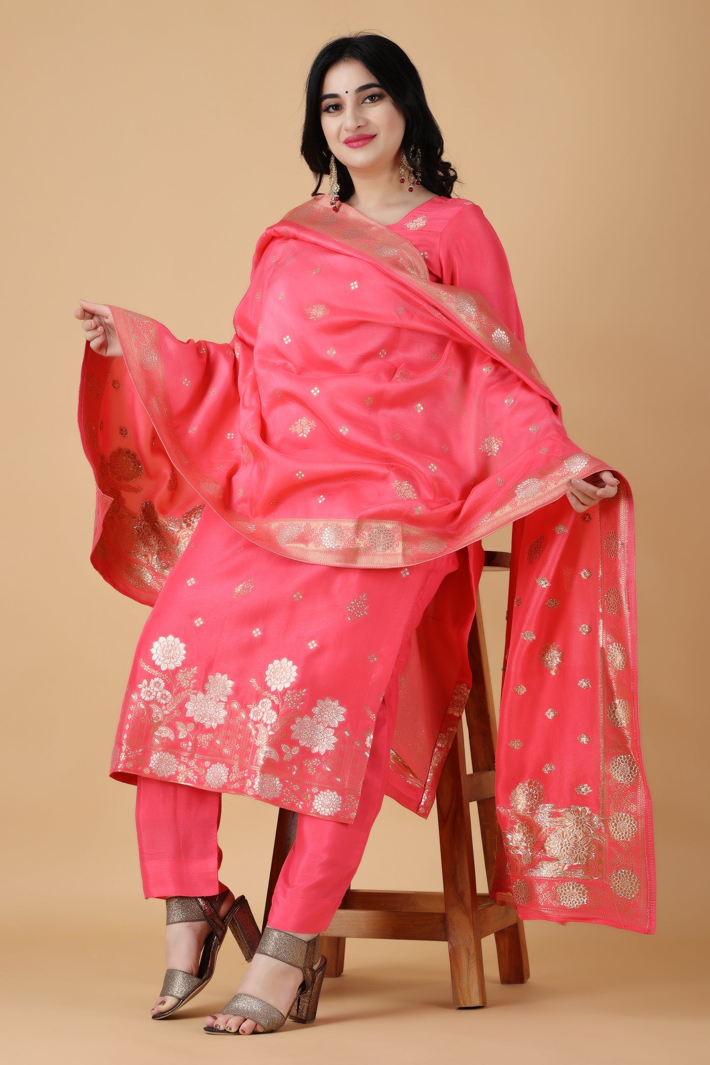 Rose Glow Jacquard Silk Suit