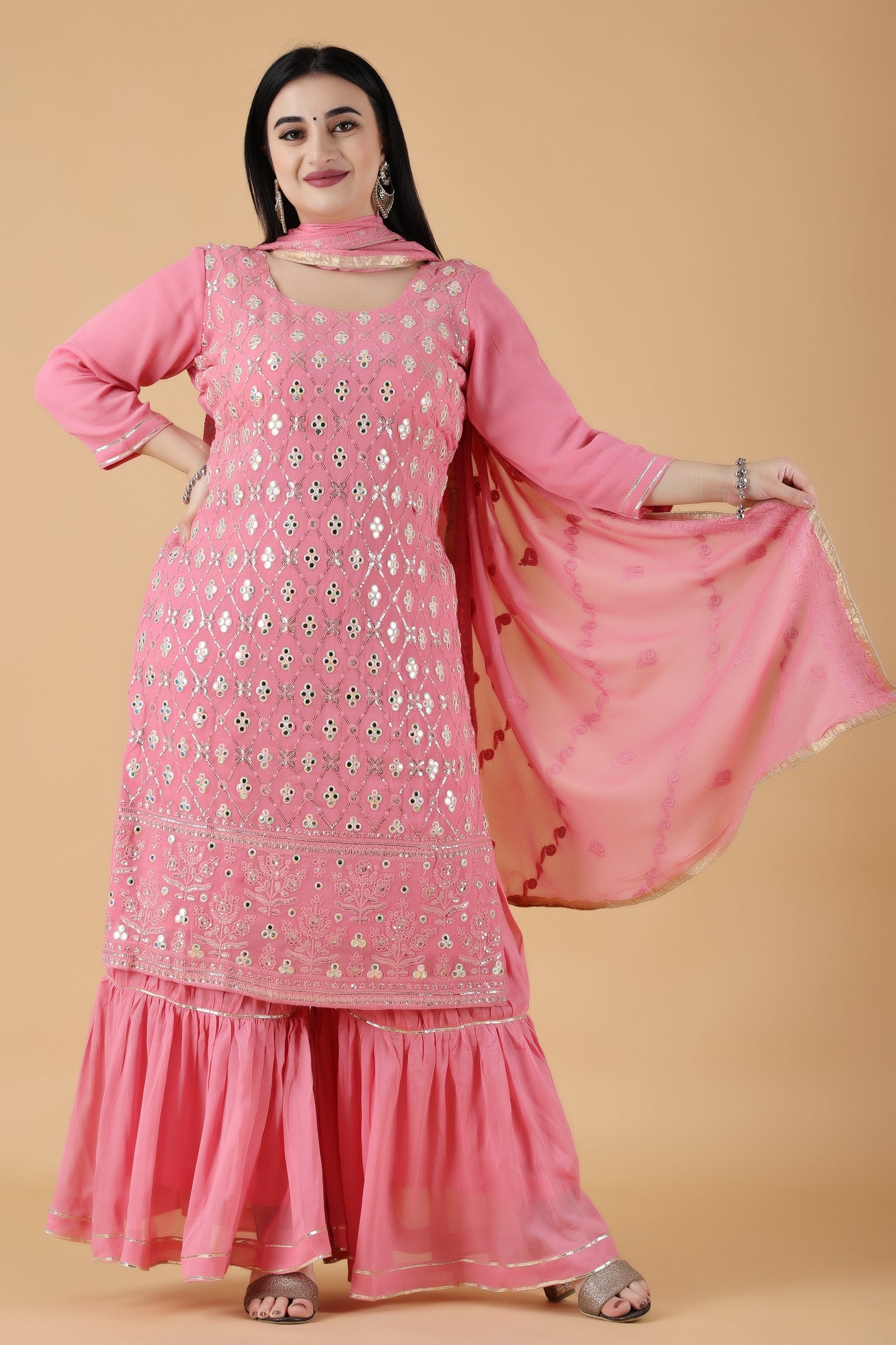Women Plus Size Rose Pink Sharara Suit